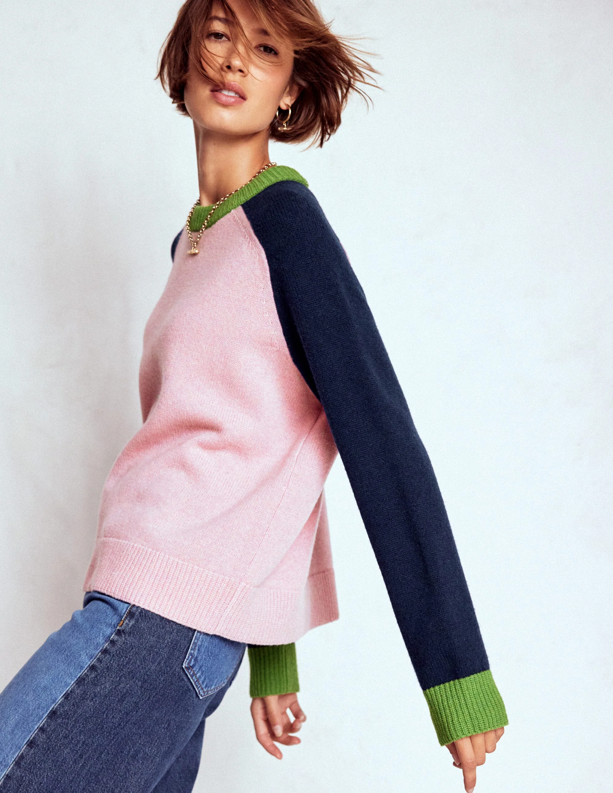 Marion Merino-Pullover-Französisches Rosa, Marineblau Blockfarben