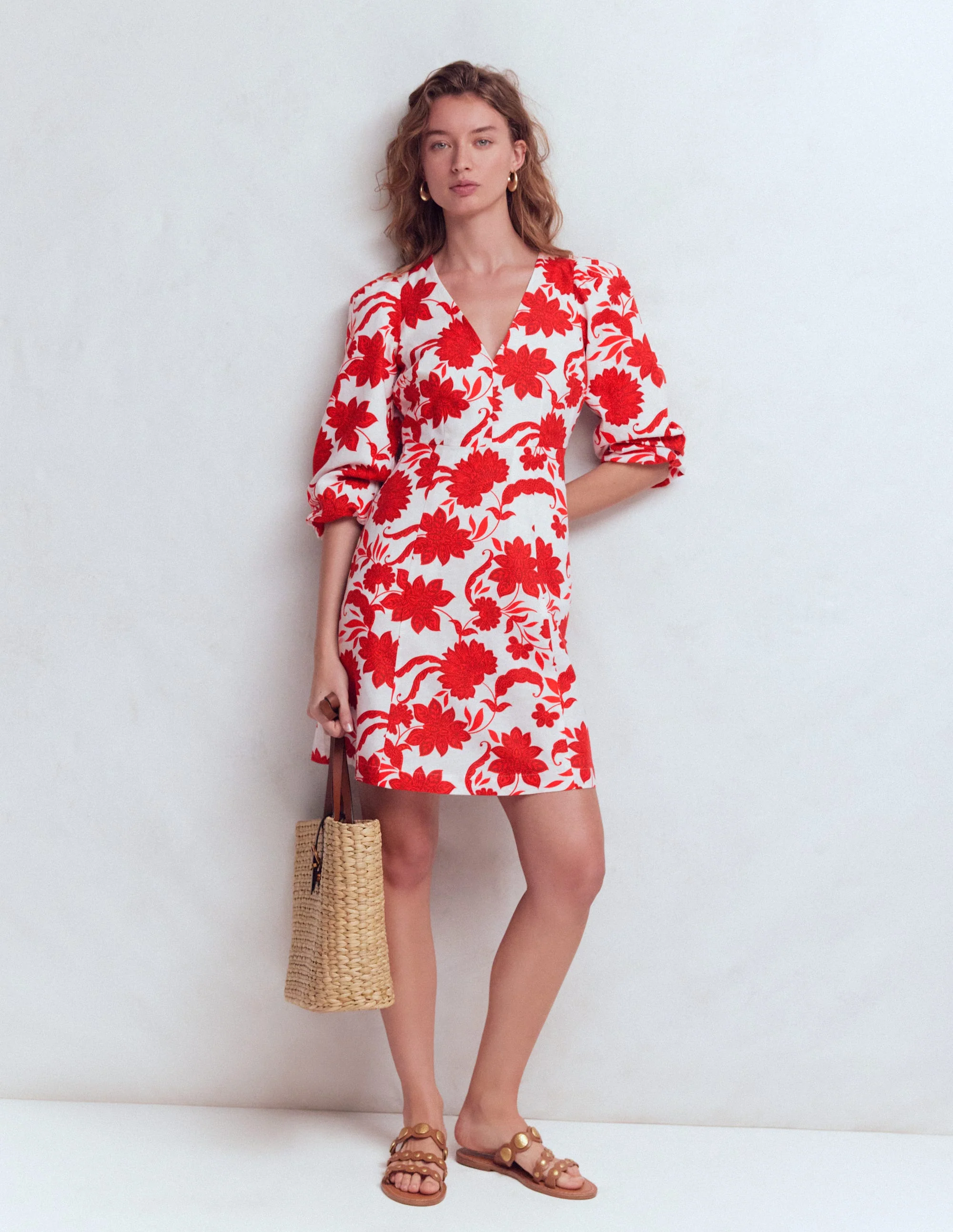 Marla Kurzes Kleid aus Leinenmischgewebe-Rot Elegante Blüten - Image 4