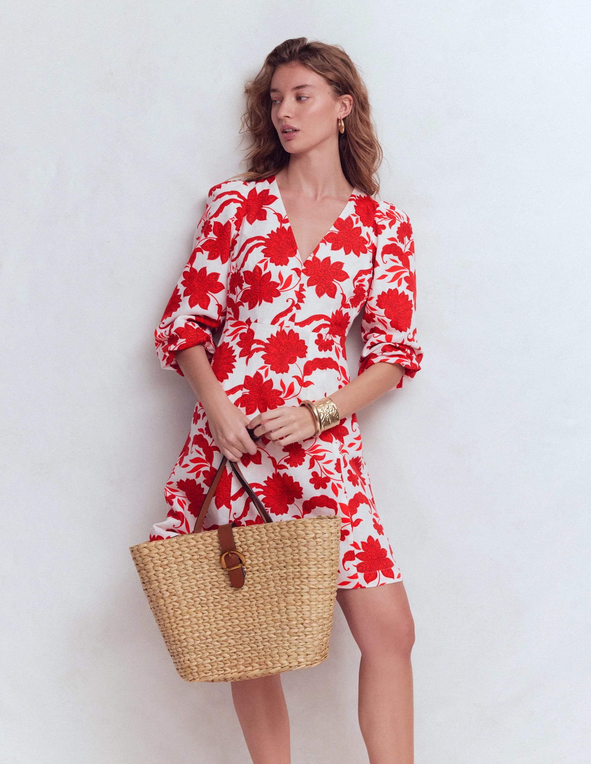 Marla Kurzes Kleid aus Leinenmischgewebe-Rot Elegante Blüten - Image 5