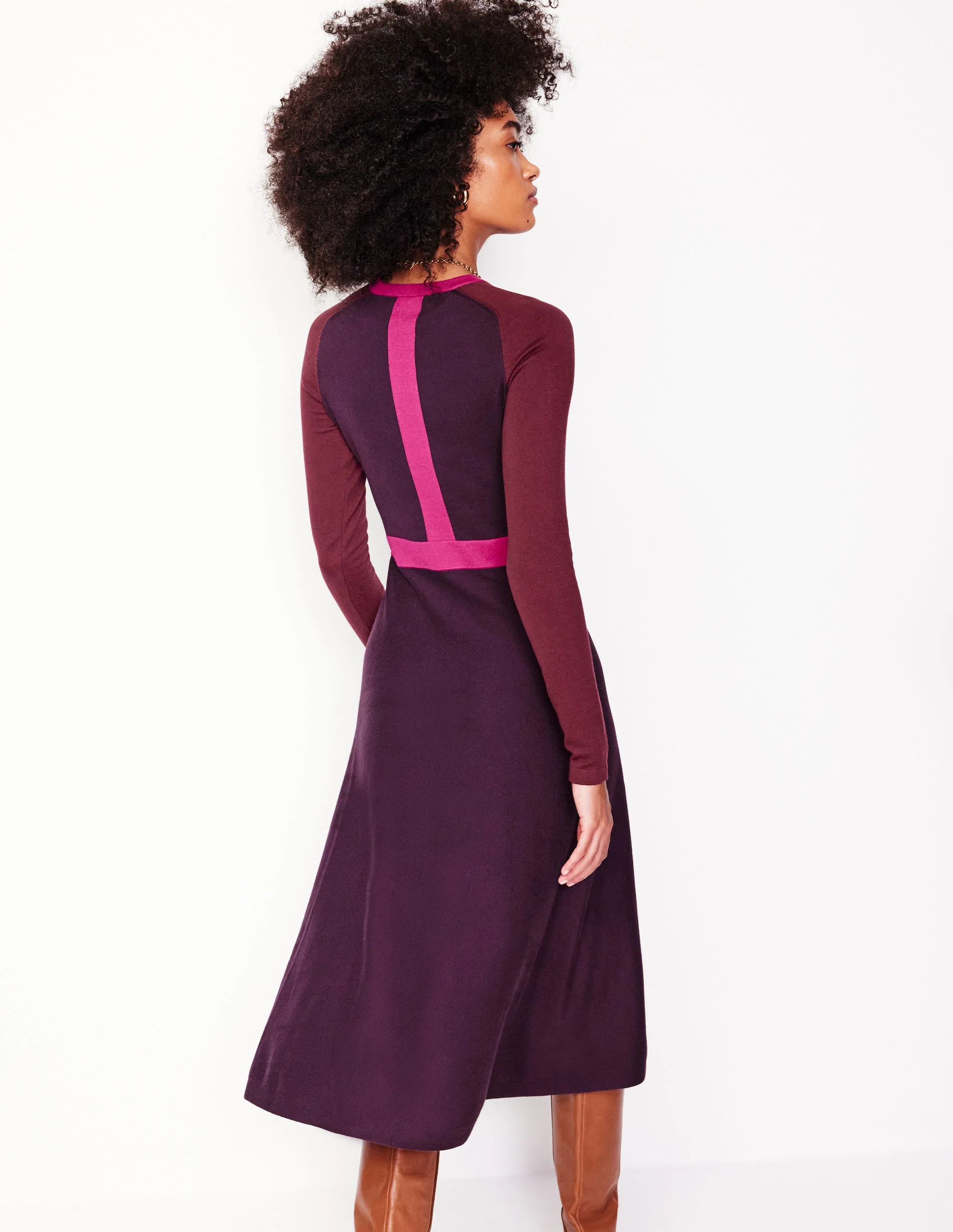 Marta Strick-Midikleid-Aubergine, Kastanienbraun Blockfarben - Image 3