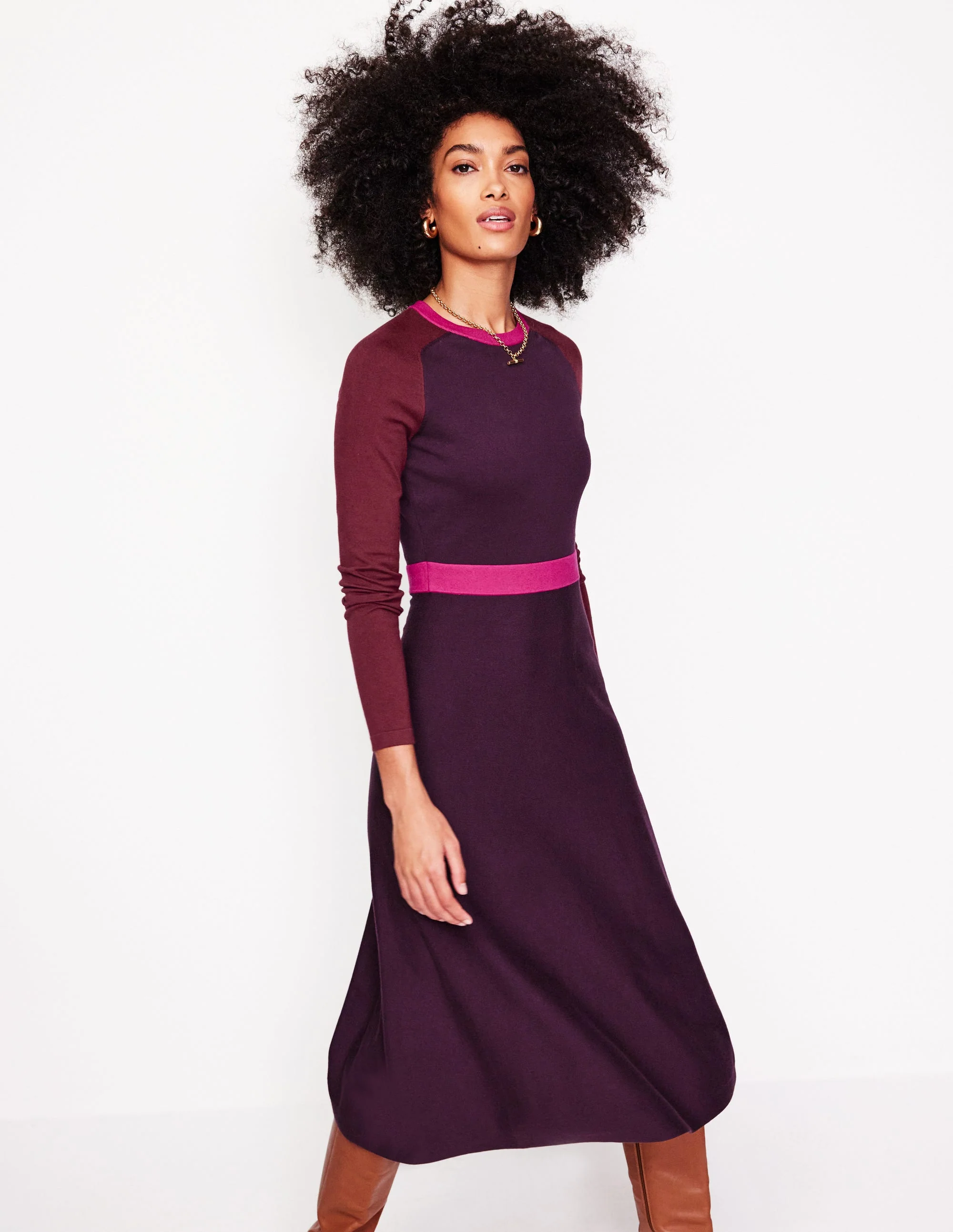 Marta Strick-Midikleid-Aubergine, Kastanienbraun Blockfarben - Image 4