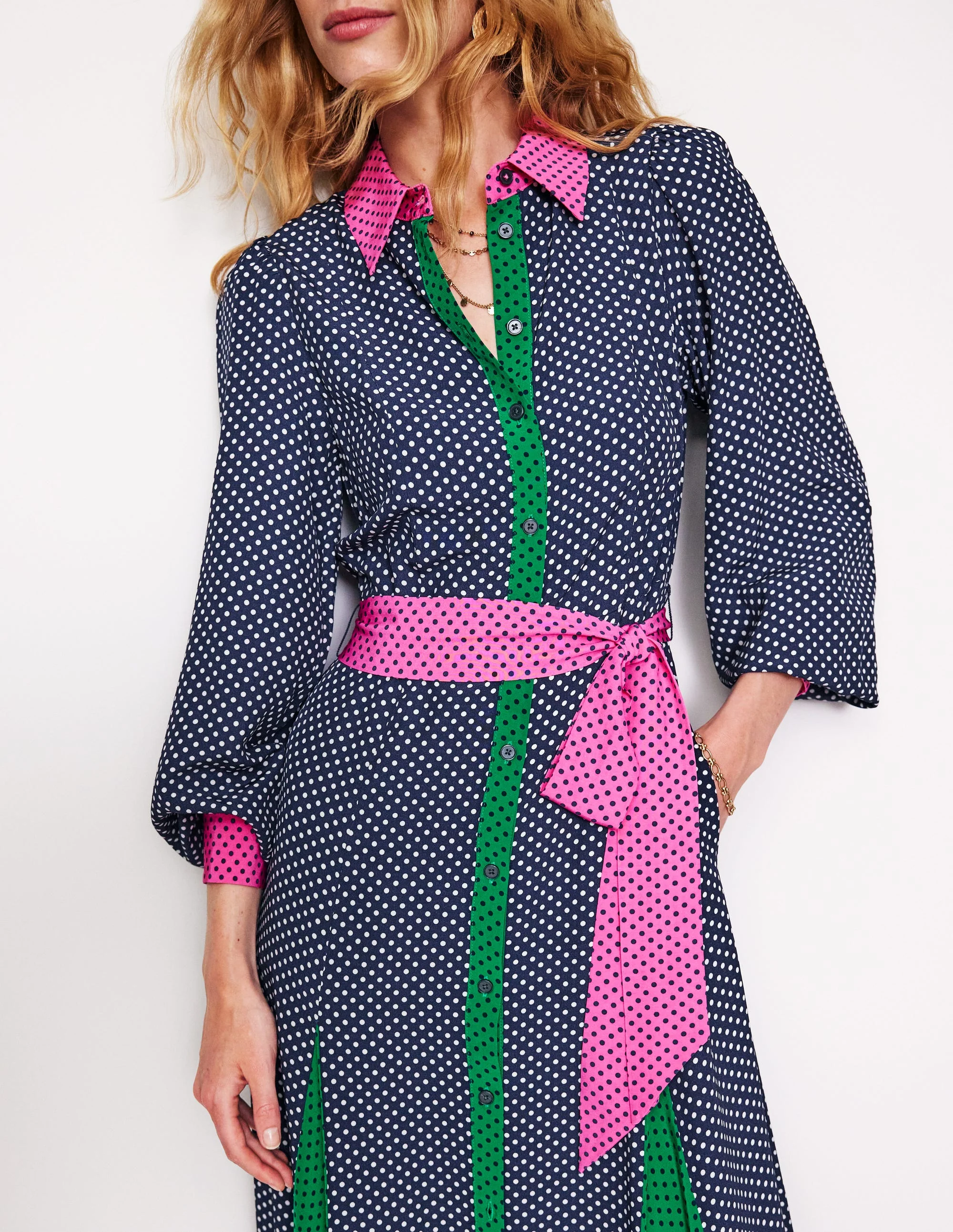 Martha Maxi-Hemdblusenkleid mit Godet-Rock-Französisches Marineblau Punkte - Image 2