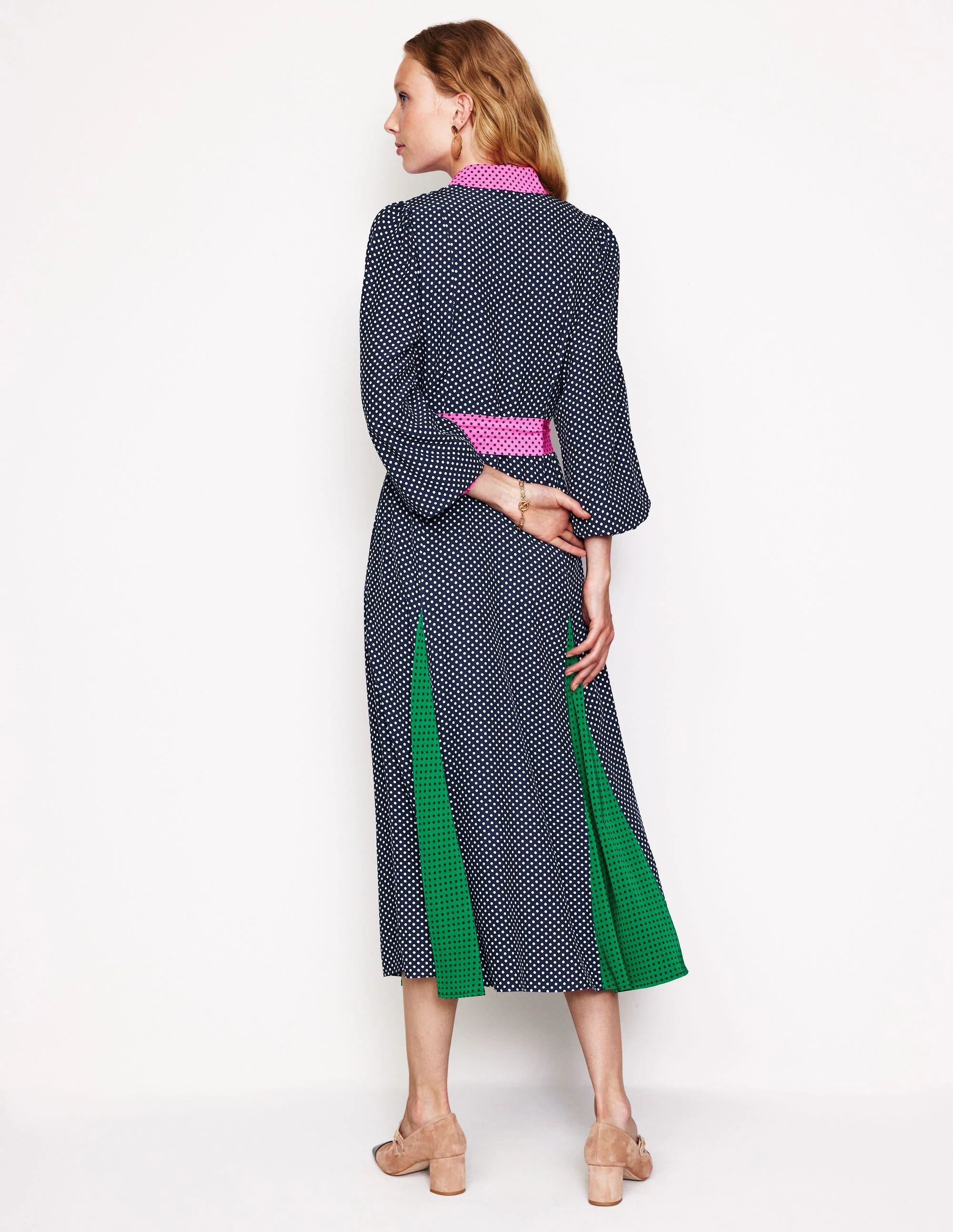 Martha Maxi-Hemdblusenkleid mit Godet-Rock-Französisches Marineblau Punkte - Image 3