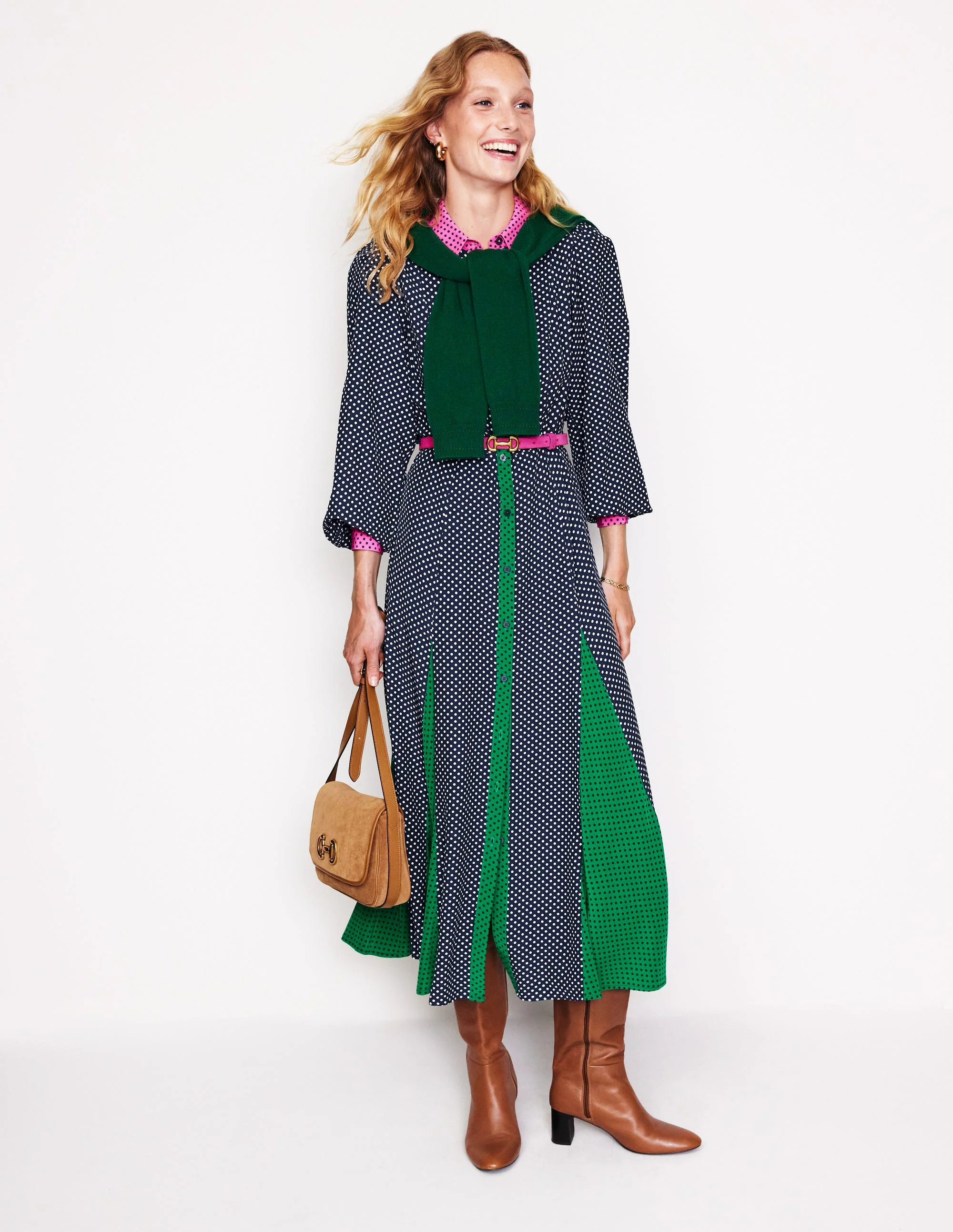 Martha Maxi-Hemdblusenkleid mit Godet-Rock-Französisches Marineblau Punkte - Image 5