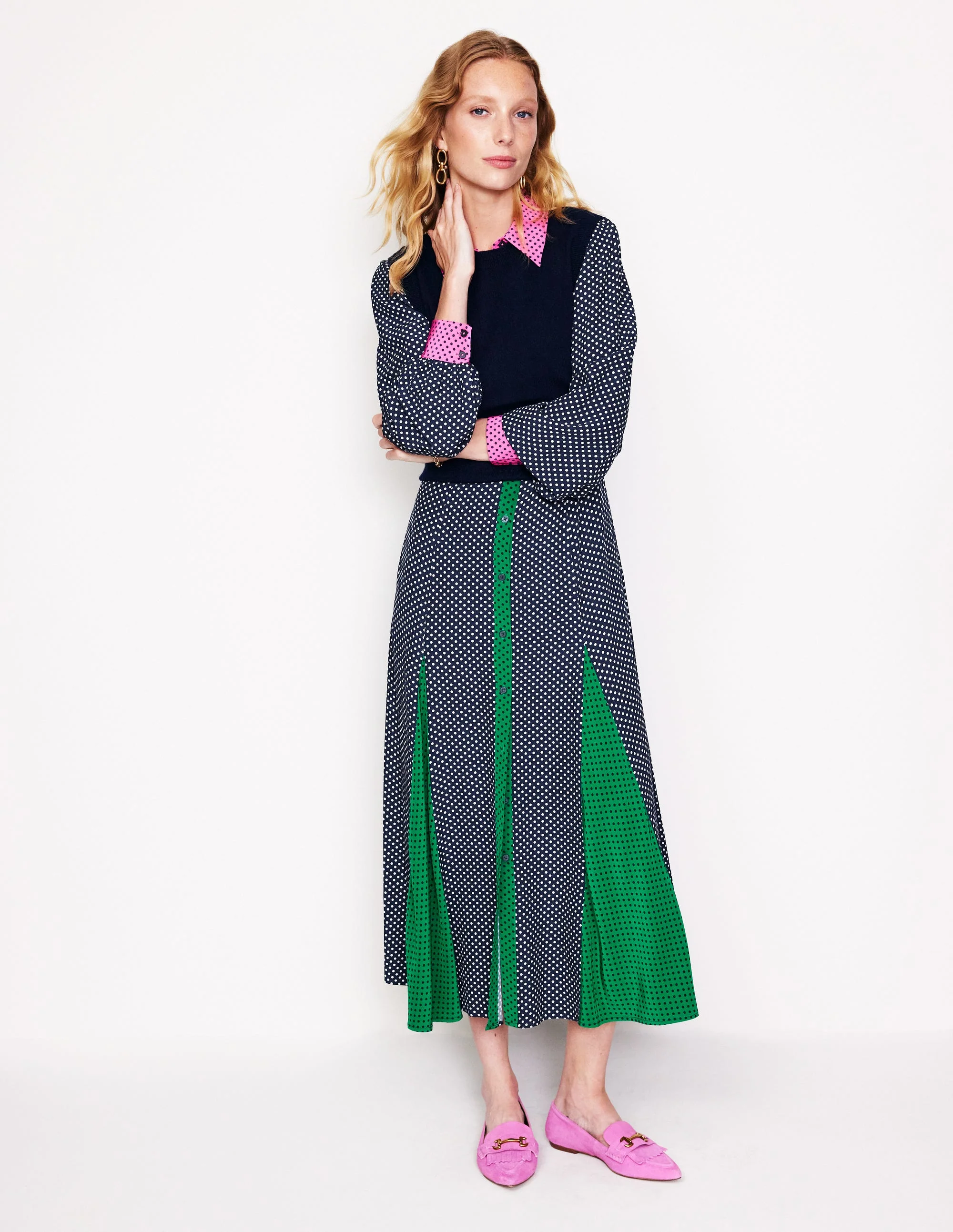 Martha Maxi-Hemdblusenkleid mit Godet-Rock-Französisches Marineblau Punkte - Image 6
