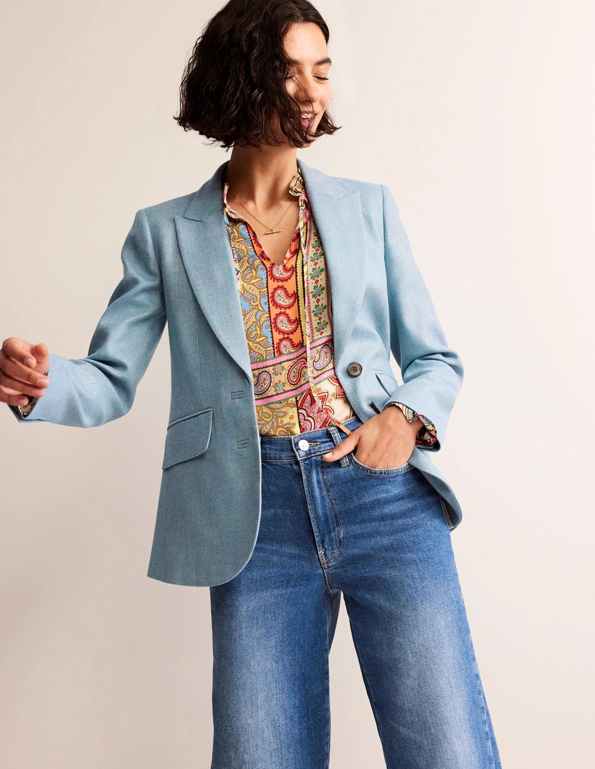 Marylebone Blazer aus Wollmischgewebe-Blaues Fischgrätenmuster