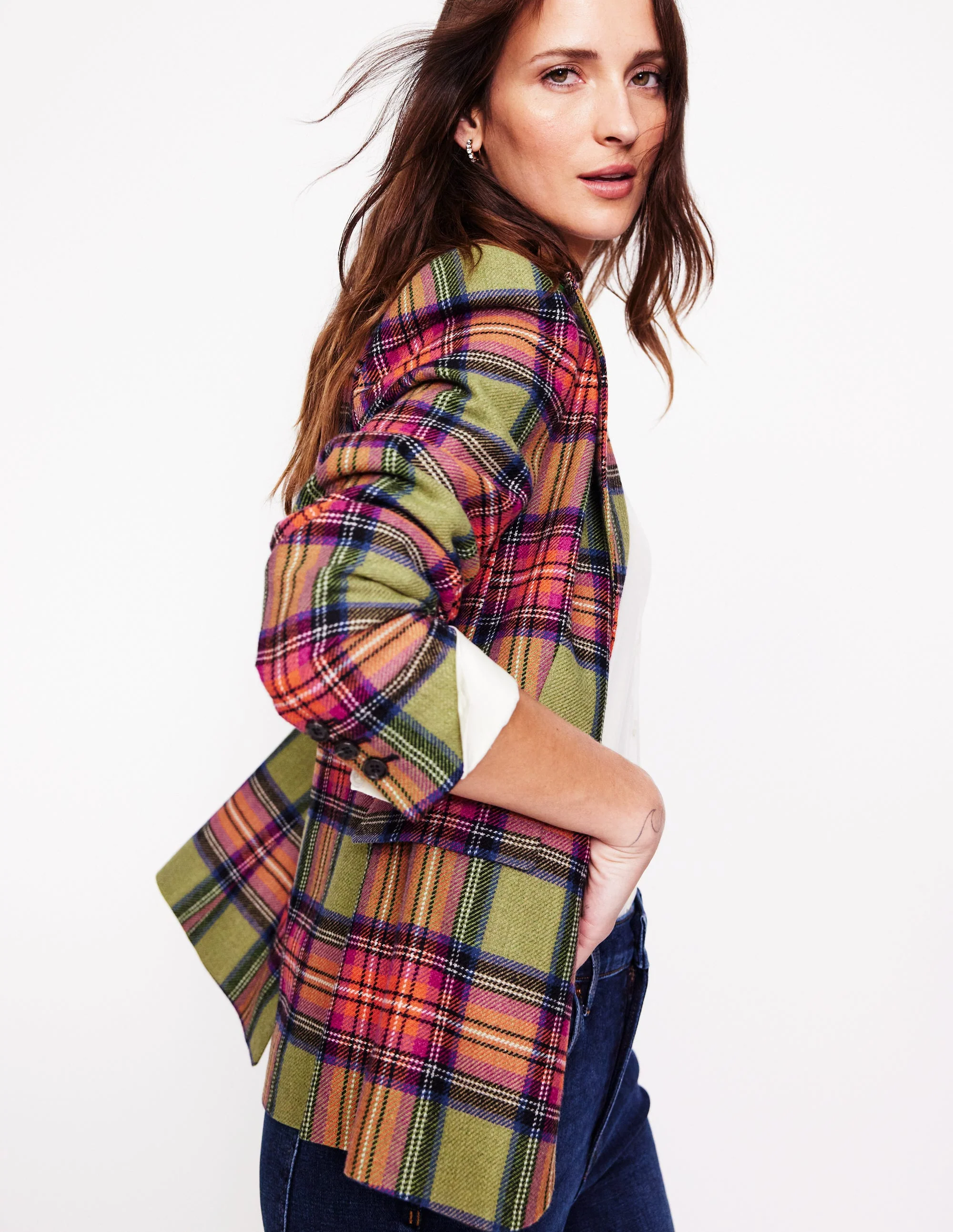Marylebone Blazer aus Wollmischgewebe-Grün und Lila kariert