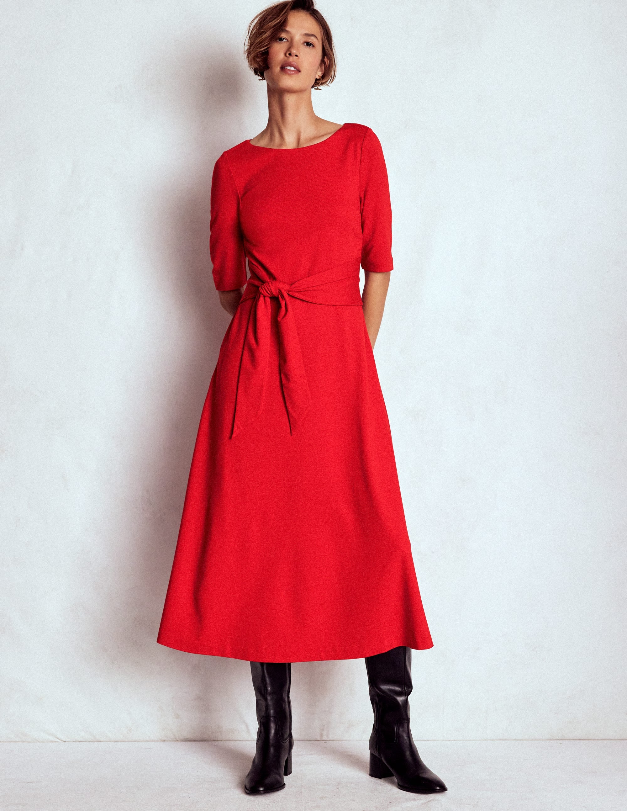 Mathilde Ponte-Kleid mit Bindegürtel-Würzig Rot