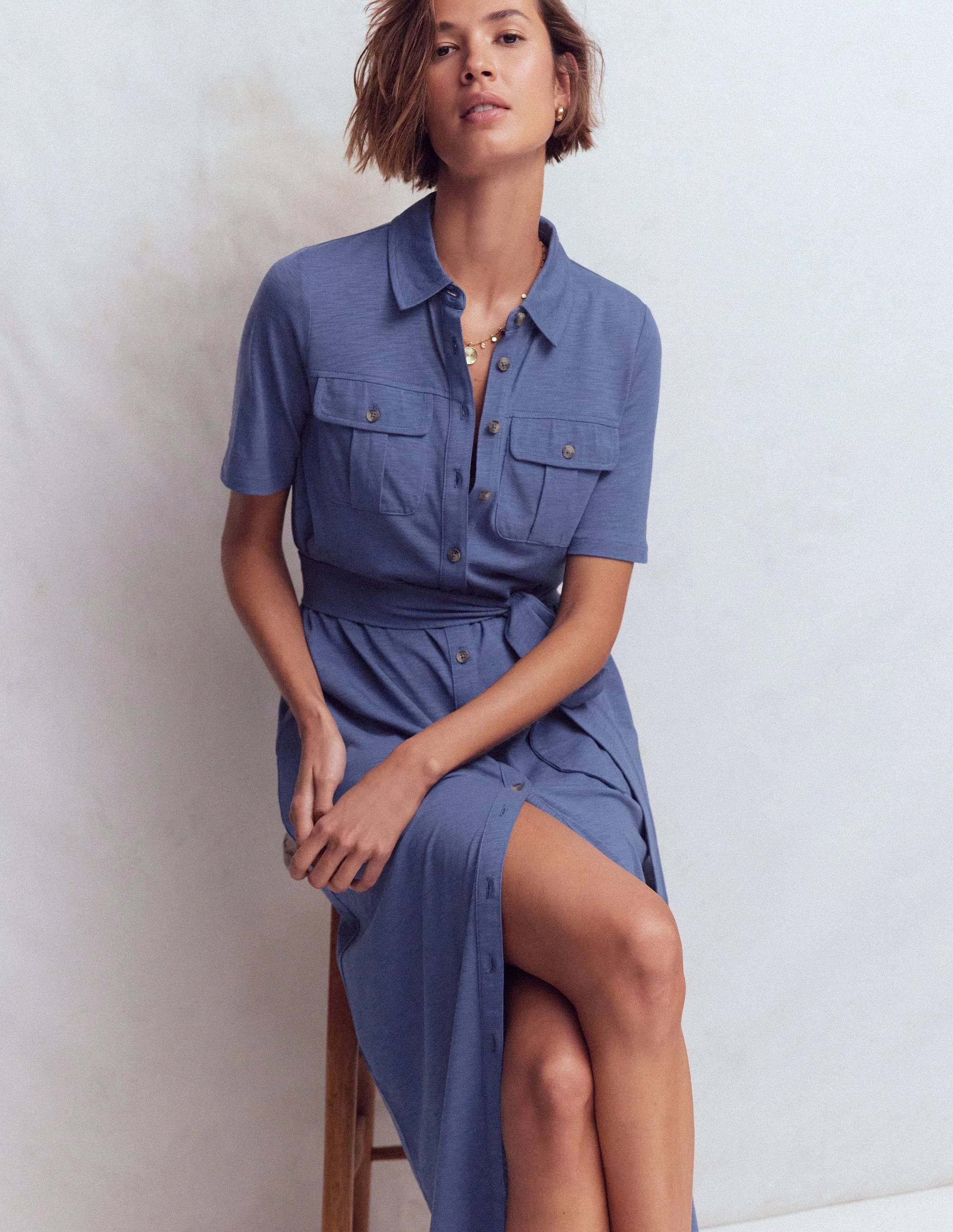 Mavis Midi-Hemdblusenkleid aus Jersey-Denim-Blau