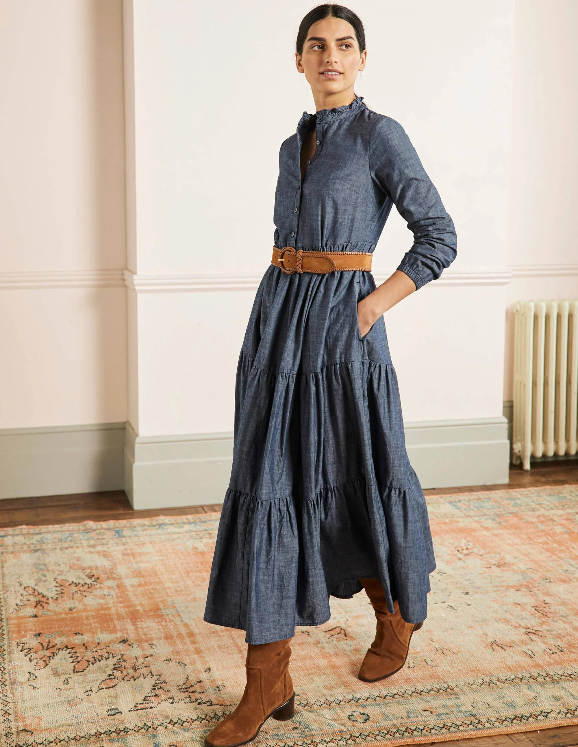 Maxi-Hemdblusenkleid mit Stufen-Denim