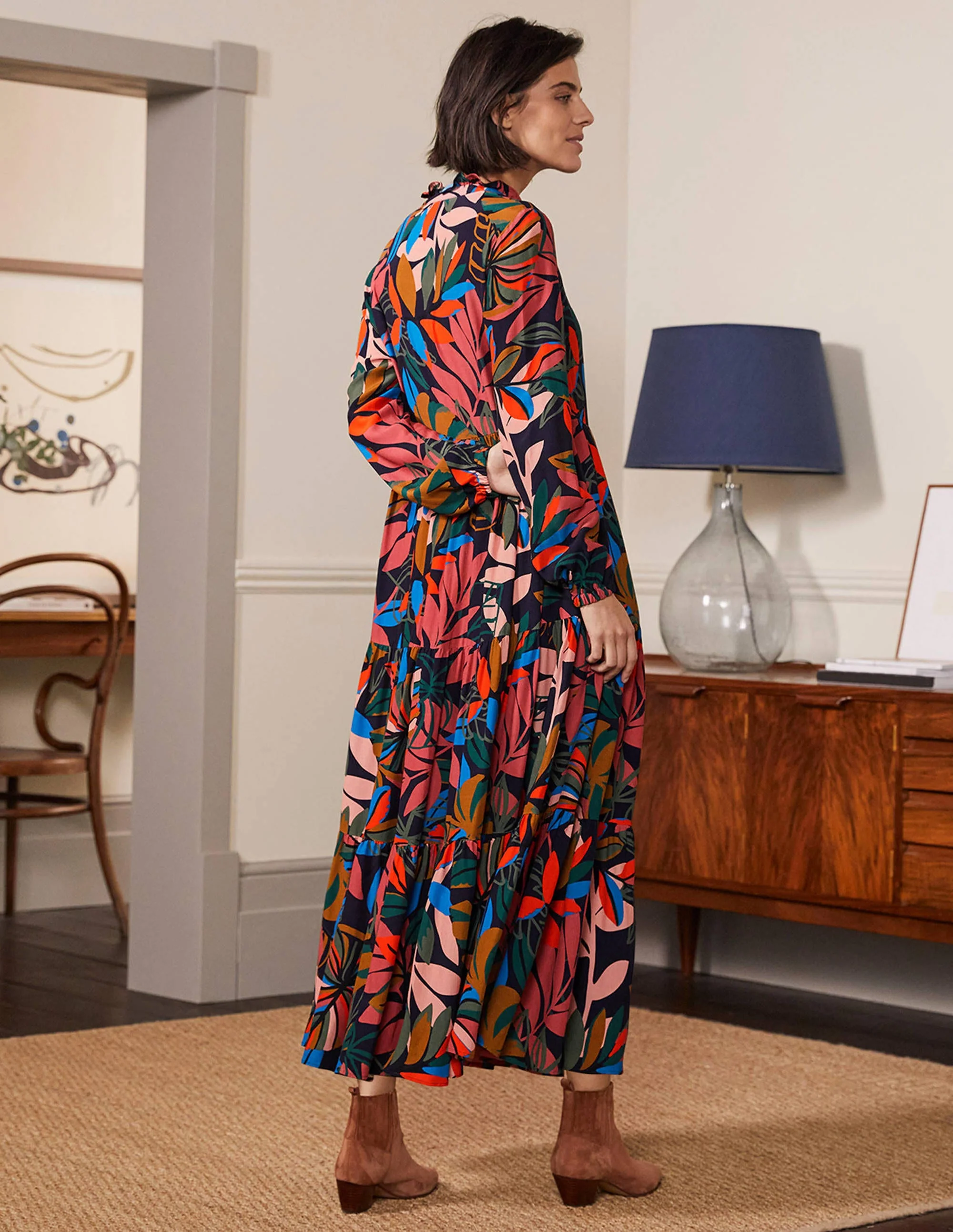 Maxi-Hemdblusenkleid mit Stufen-Französisches Navy, Tropische Palmen - Image 3
