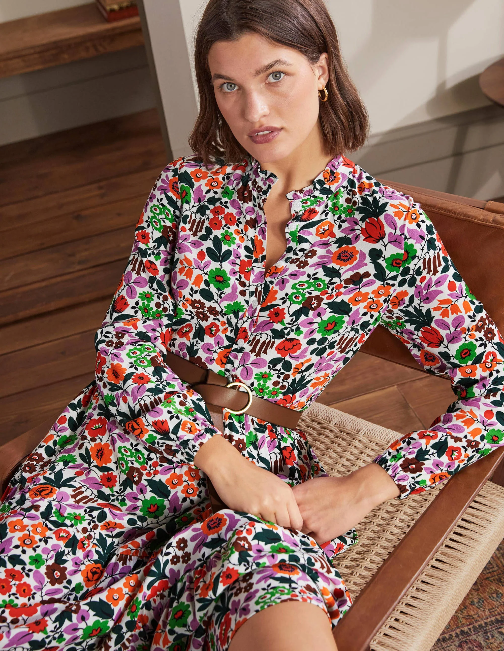 Maxi-Hemdblusenkleid mit Stufen-Naturweiß, Blumenmuster/Wald
