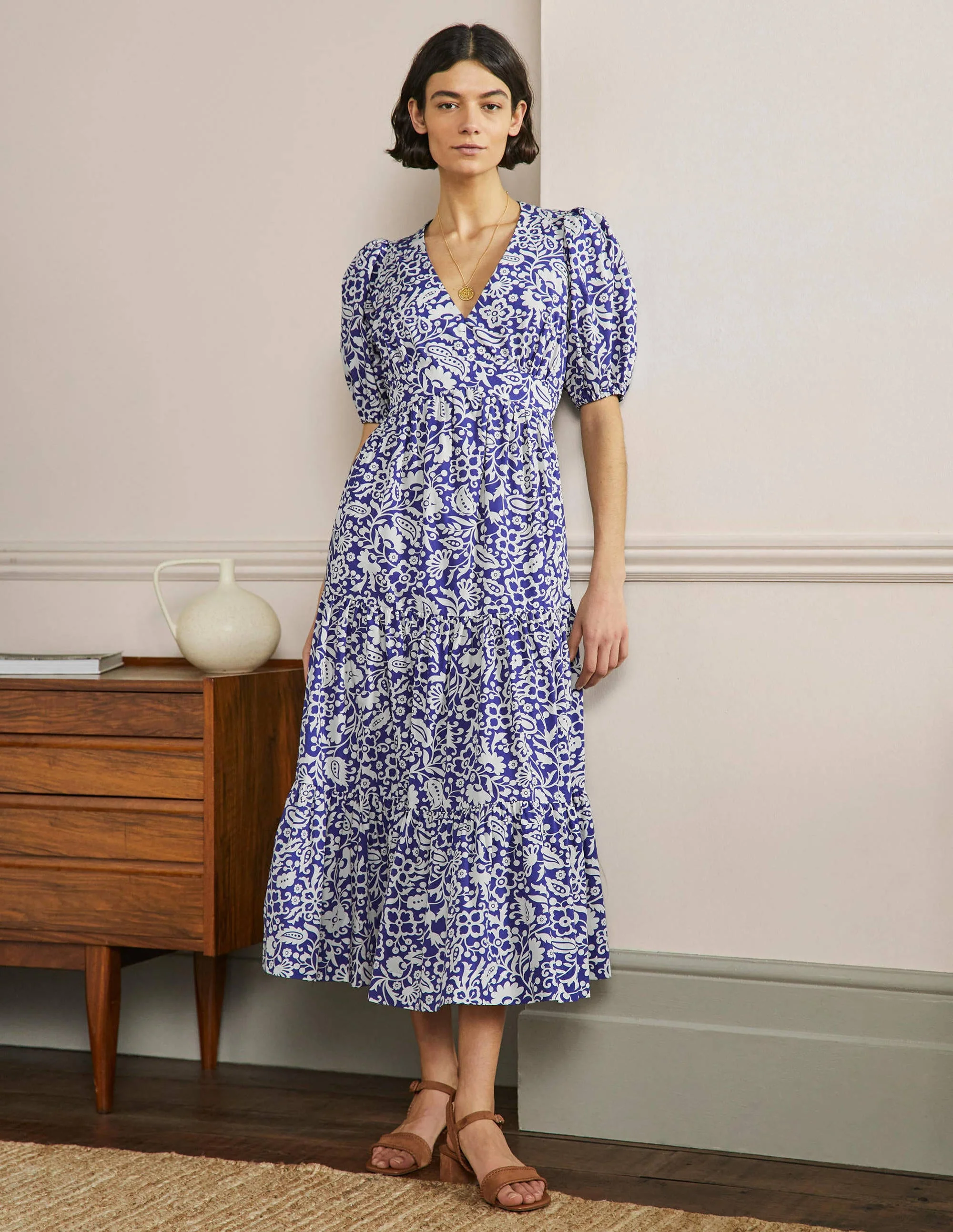 Maxi-Stufenkleid mit Puffärmeln-Meeresblau, Orientalisches Paradies