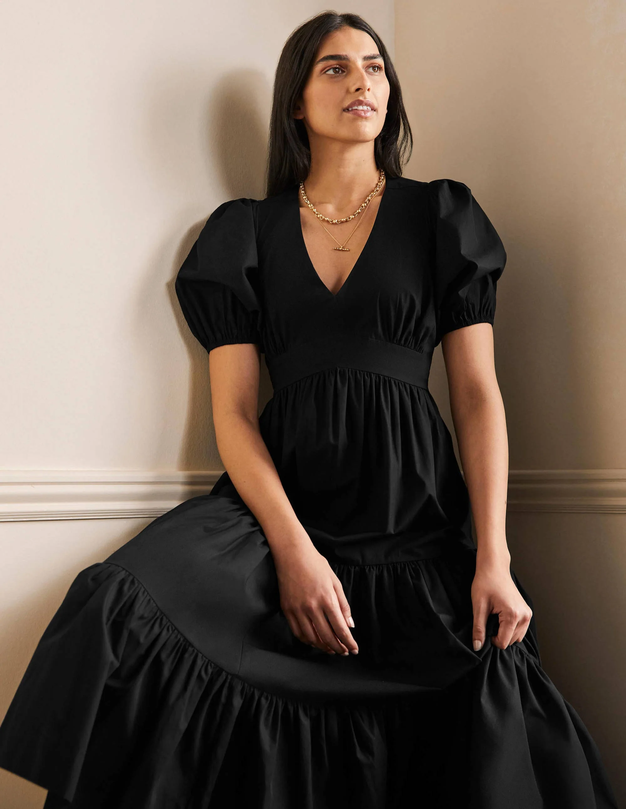 Maxi-Stufenkleid mit Puffärmeln-Schwarz - Image 4
