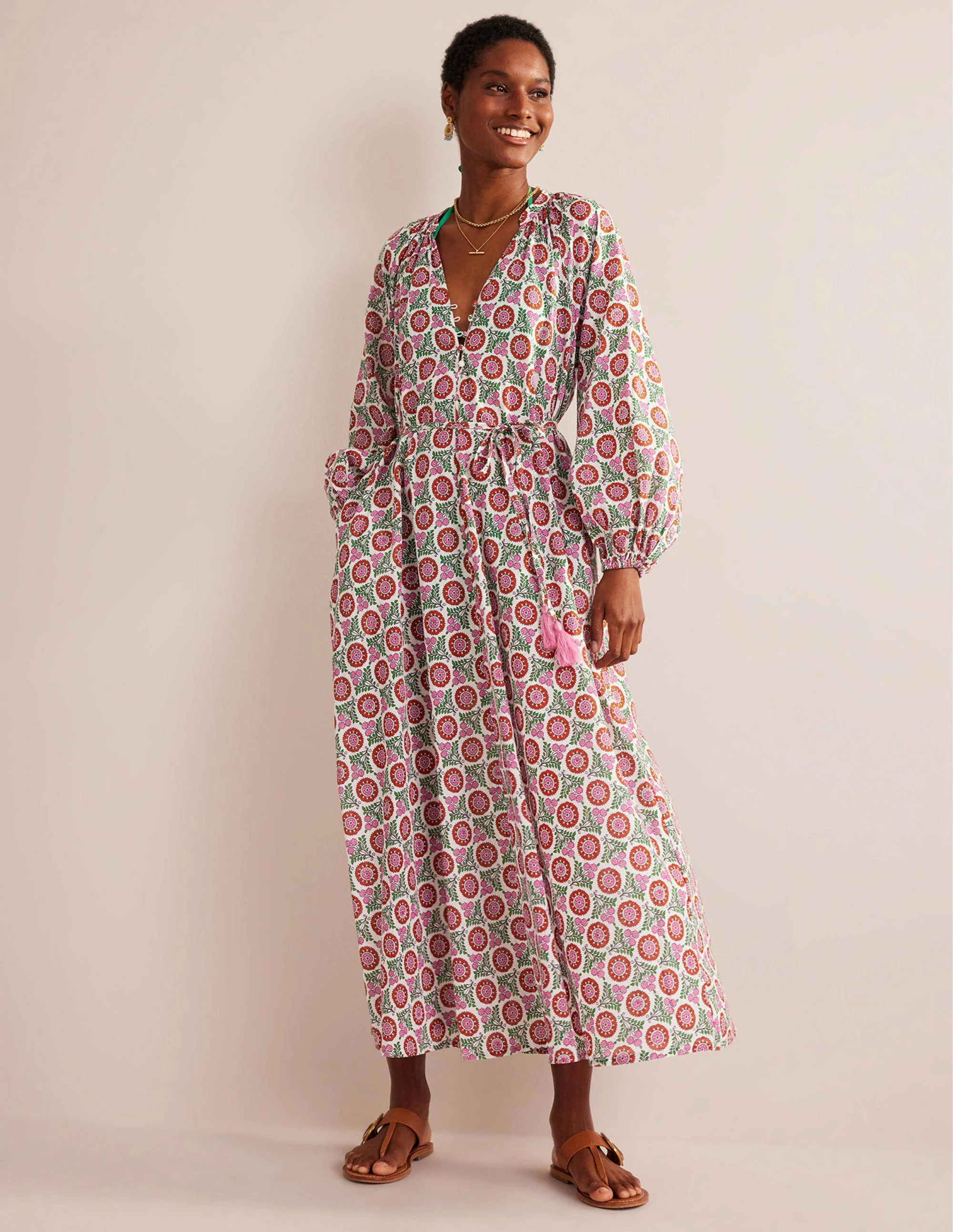 Maxikleid aus Baumwolle mit Keilausschnitt-Gin Fizz, Sonnenblumenzweig
