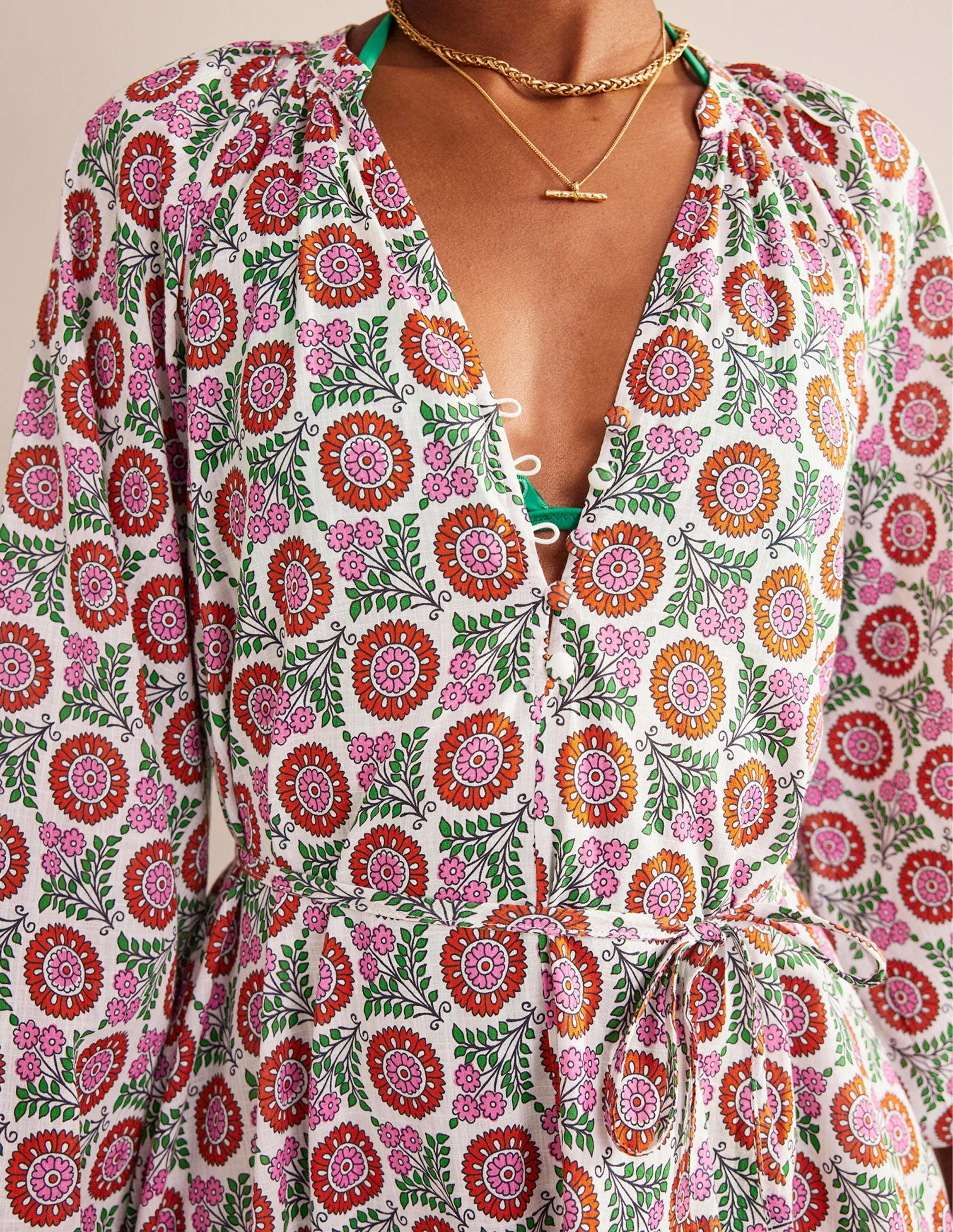 Maxikleid aus Baumwolle mit Keilausschnitt-Gin Fizz, Sonnenblumenzweig - Image 2