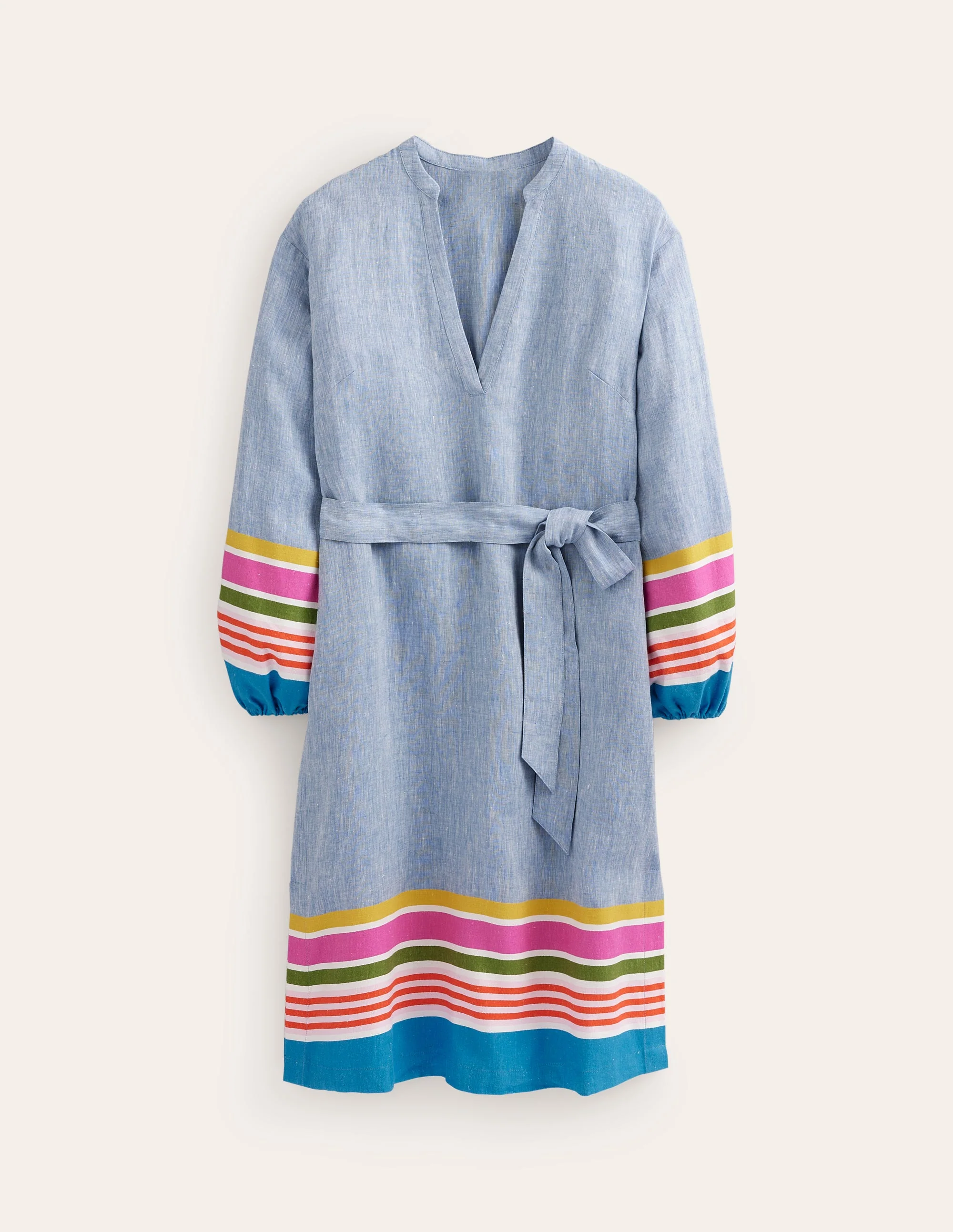 Maxikleid aus Leinen mit eingekerbtem Ausschnitt-Blau und Bunte Streifen - Image 6