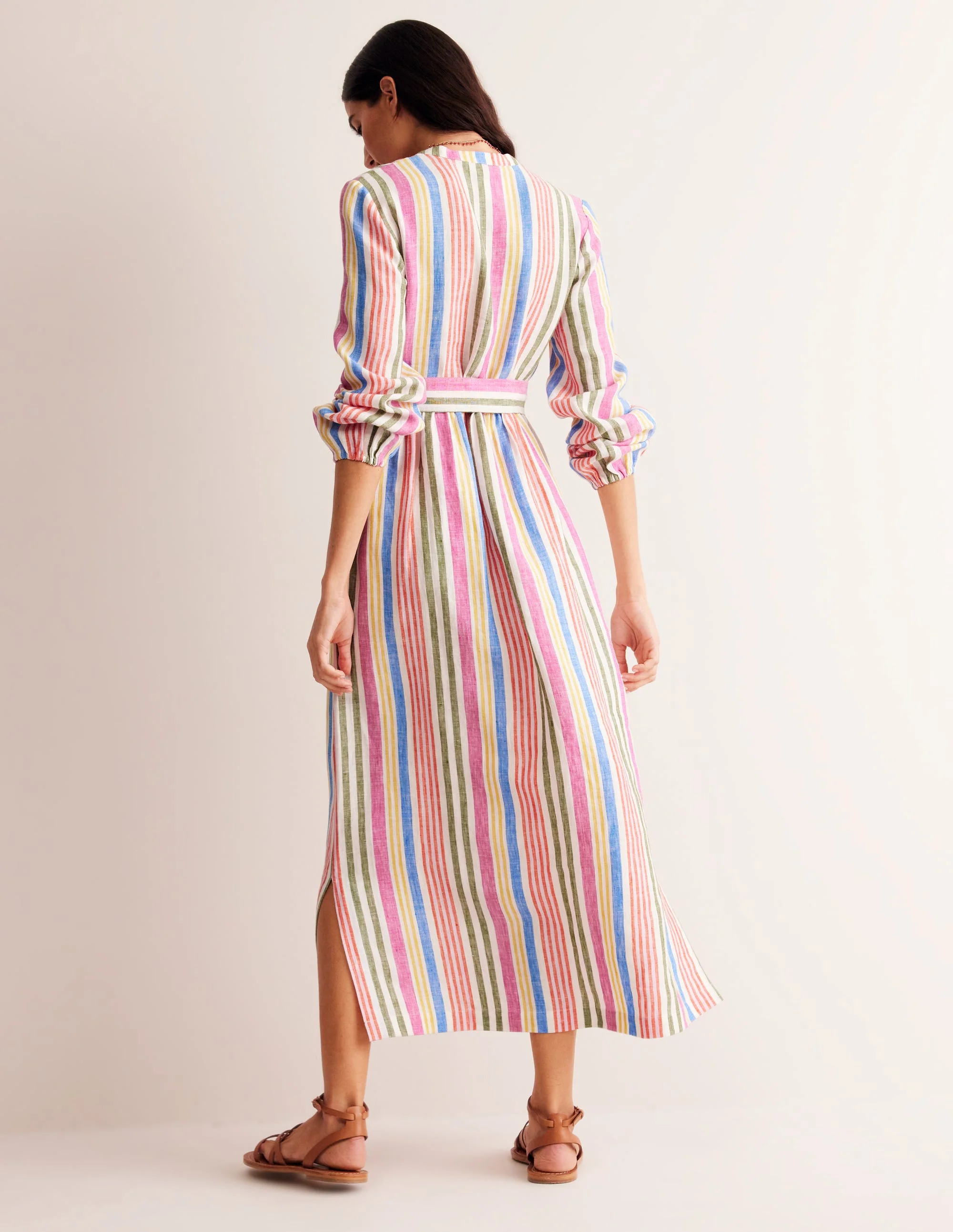 Maxikleid aus Leinen mit eingekerbtem Ausschnitt-Stiefmütterchen Bunte Streifen - Image 3