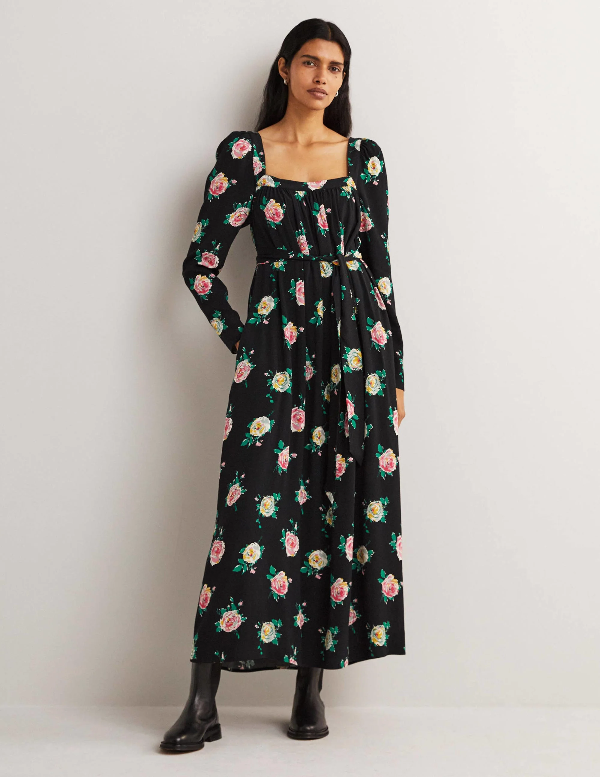 Maxikleid mit eckigem Ausschnitt-Schwarz, Gemalte Rosen