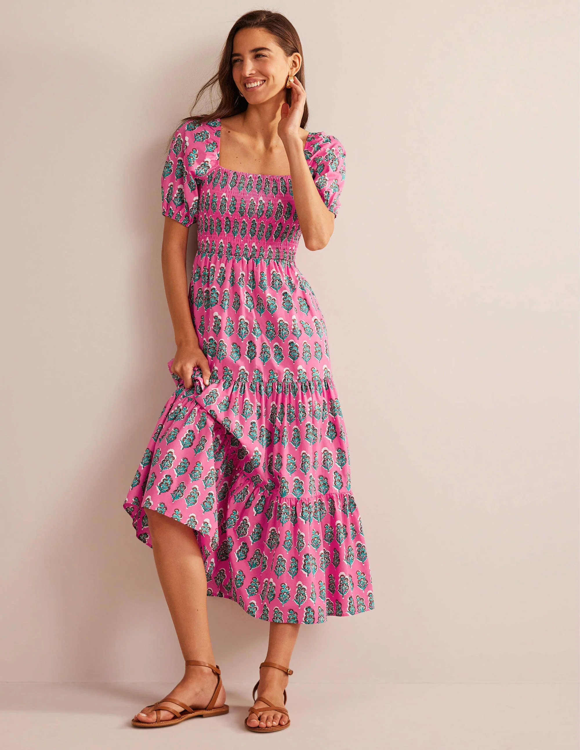 Maxikleid mit gesmoktem Oberteil-Festivalrosa, Kunstvolle Blumen - Image 2