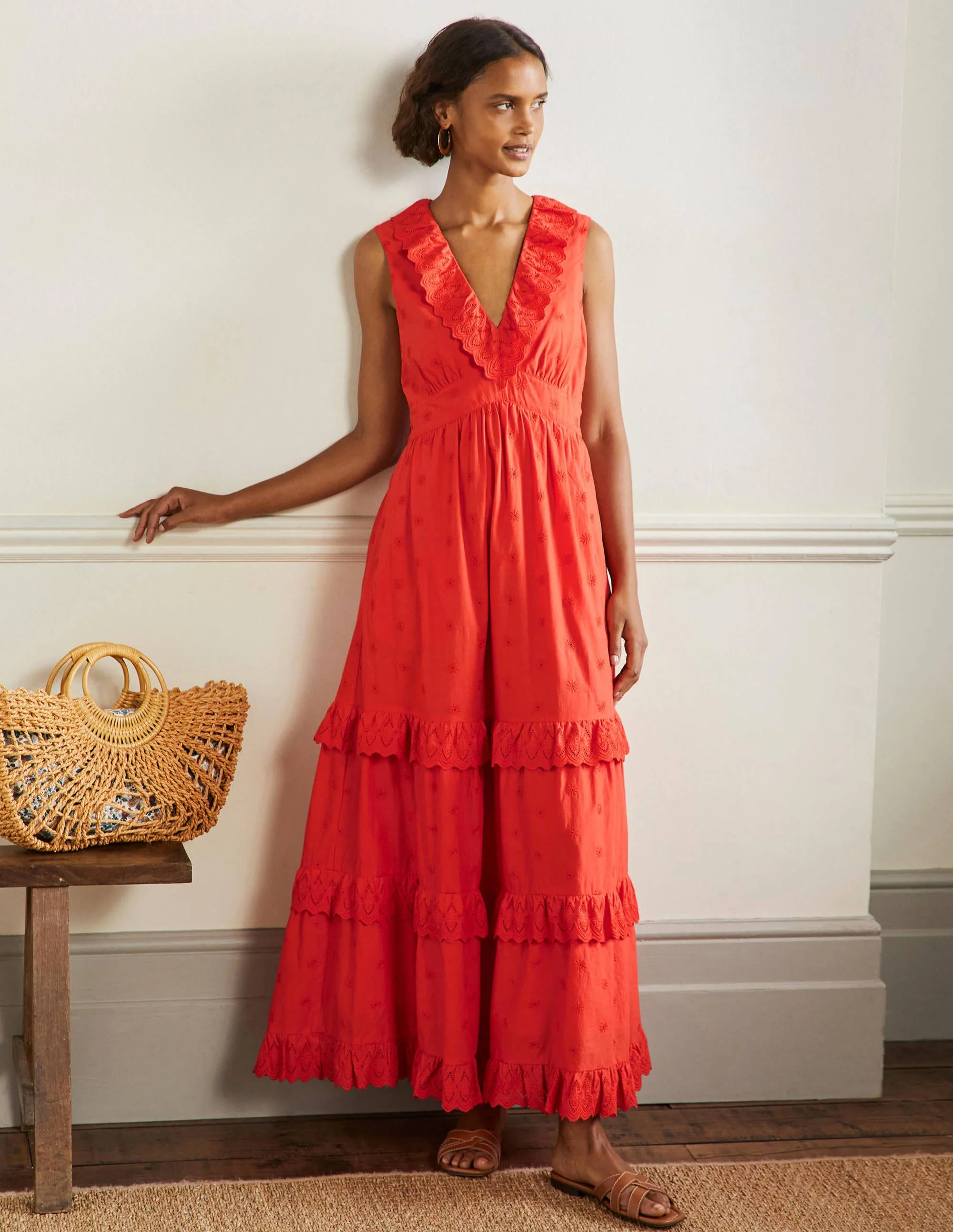Maxikleid mit Lochstickerei und Rüschen-Kräftiges Papayaorange