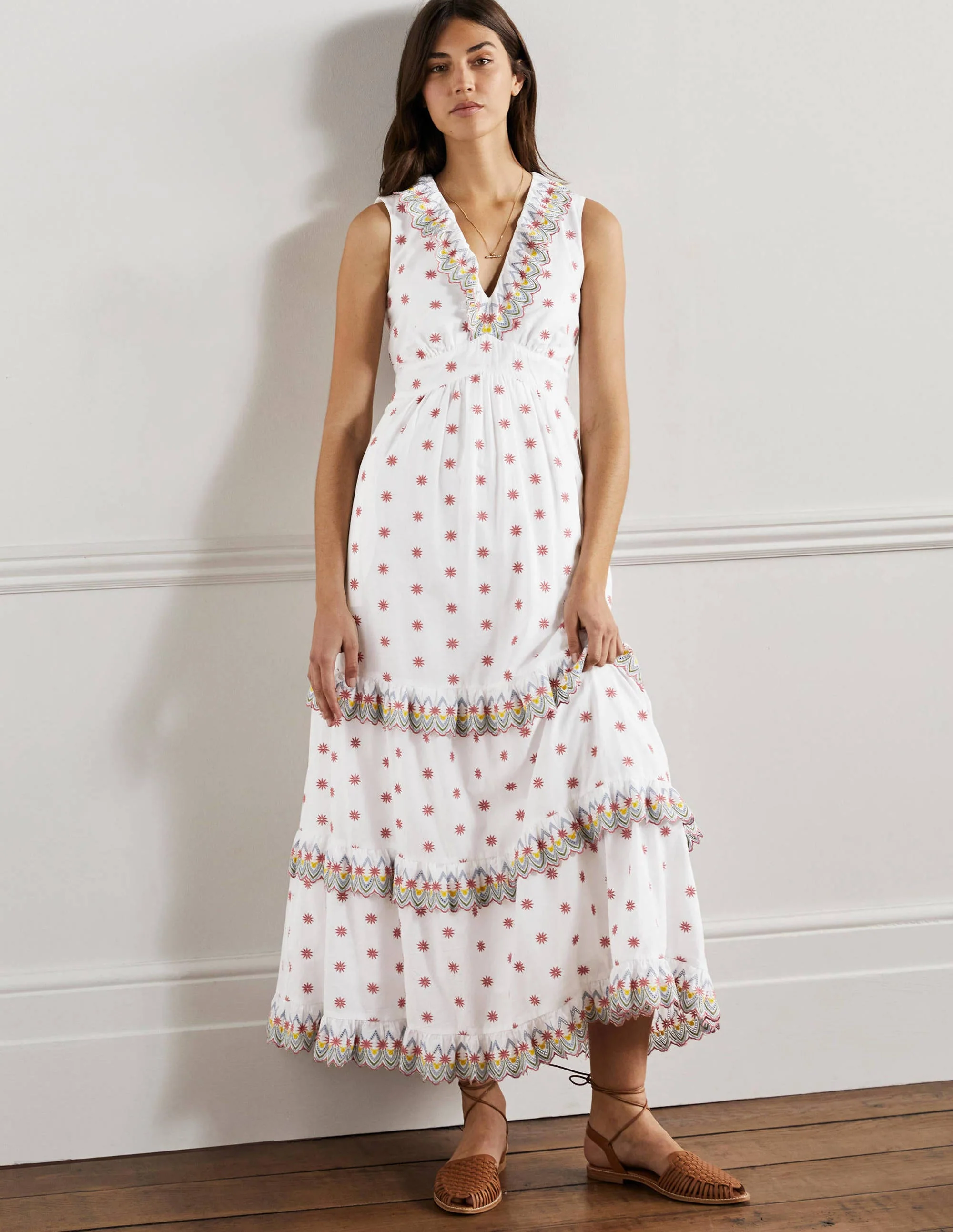 Maxikleid mit Lochstickerei und Rüschen-Weiß