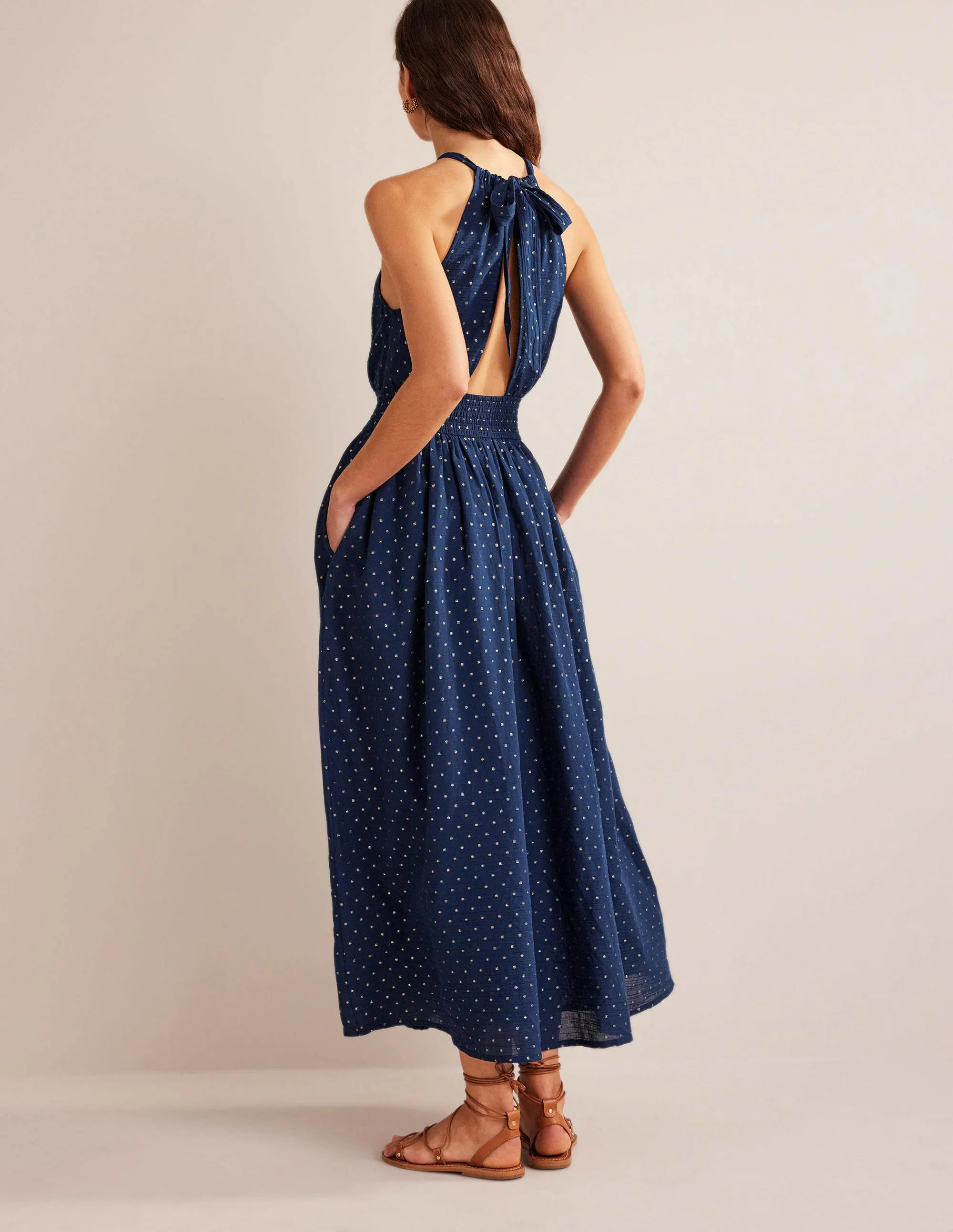 Maxikleid mit Metallic-Details-Marineblau, Goldtupfen - Image 3