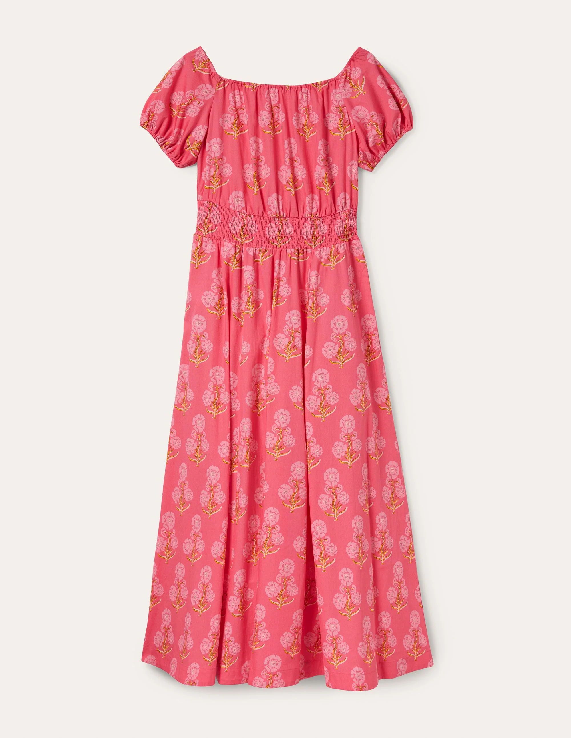 Maxikleid mit Rundhalsausschnitt-Korallenrot, Blumen-Holzschnittmuster - Image 7