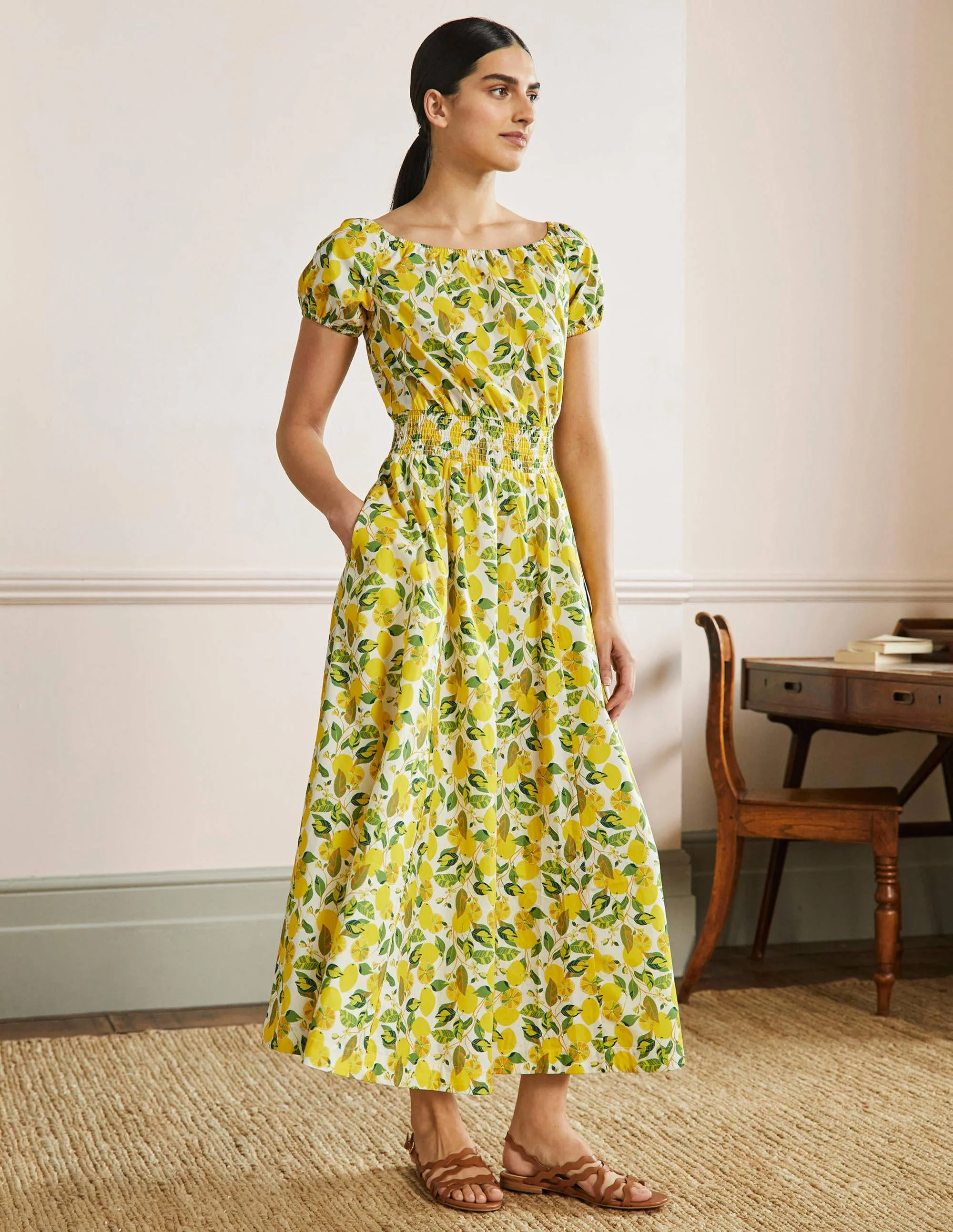 Maxikleid mit Rundhalsausschnitt-Naturweiß/Gelb, Zitronenranke - Image 4