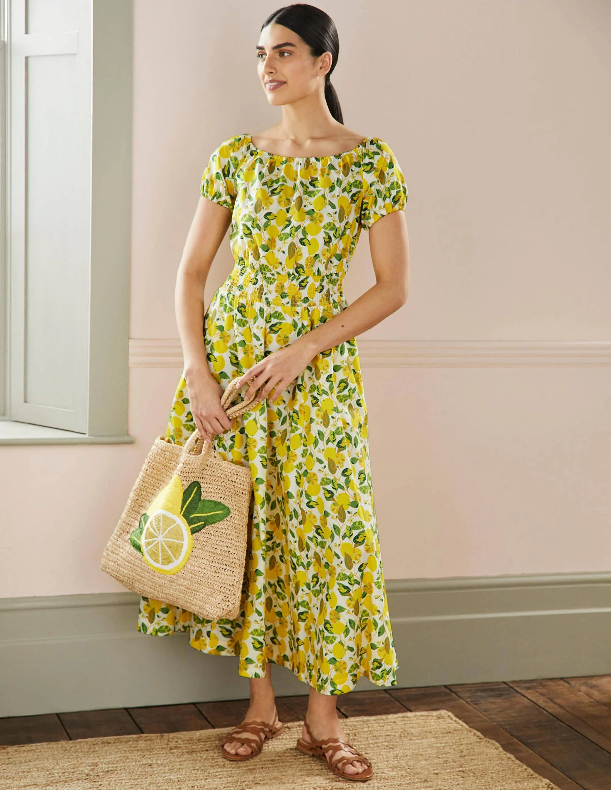 Maxikleid mit Rundhalsausschnitt-Naturweiß/Gelb, Zitronenranke - Image 5