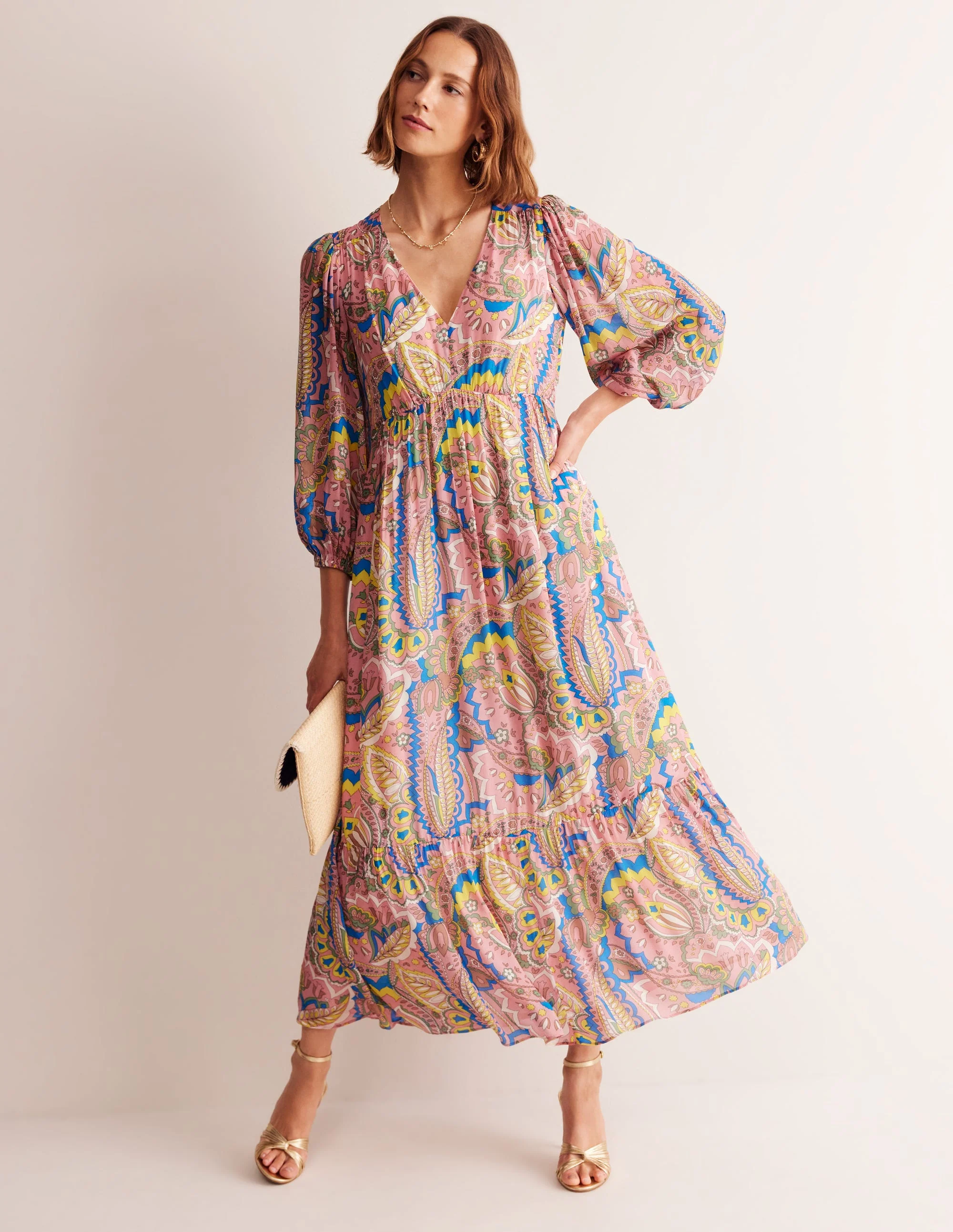 Maxikleid mit V-Ausschnitt und Puffärmeln-Bunt, Blüten-Paisley - Image 4