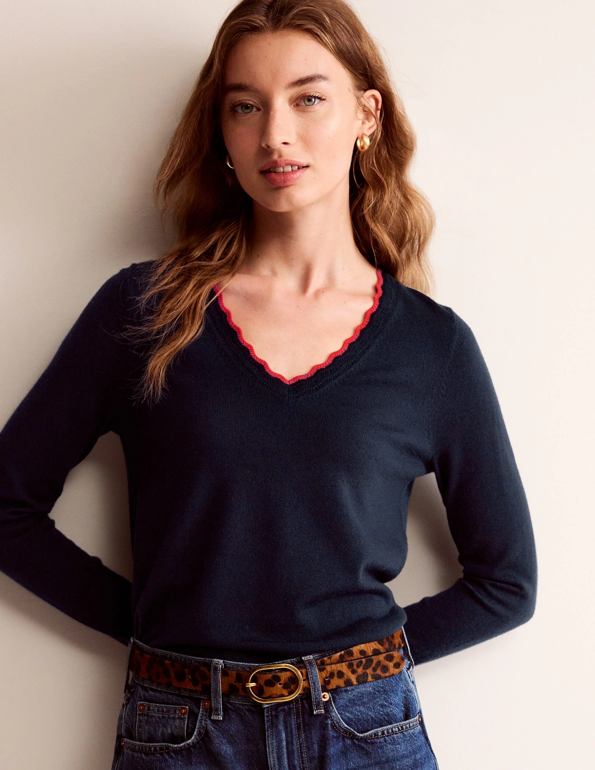 Merino-Pullover mit V-Ausschnitt und Muschelsaum-Aqua Marine Marl - Image 4