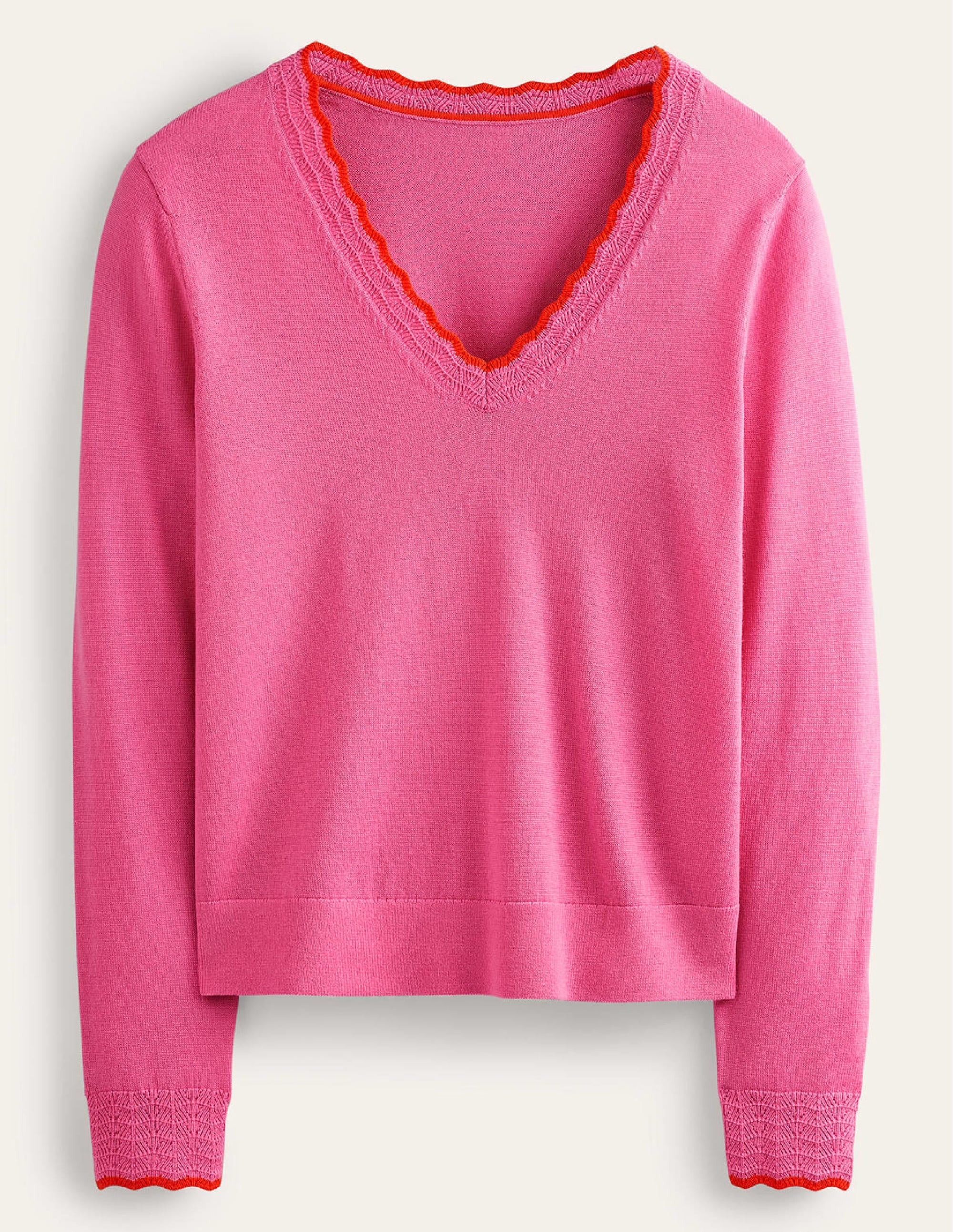 Merino-Pullover mit V-Ausschnitt und Muschelsaum-Mittelpink - Image 5