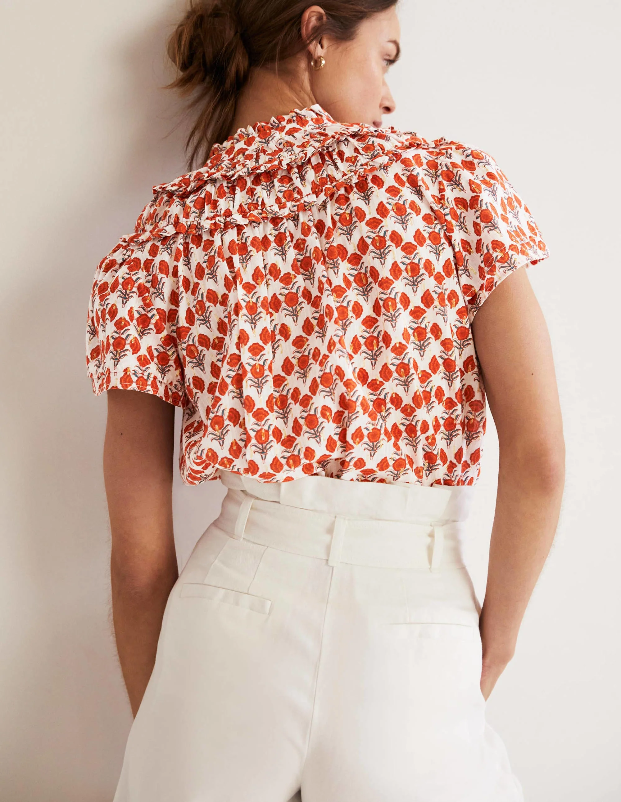 Metallic-Bluse mit Raffungen-Chili-Rot, Geometrisches Blumenmuster - Image 5
