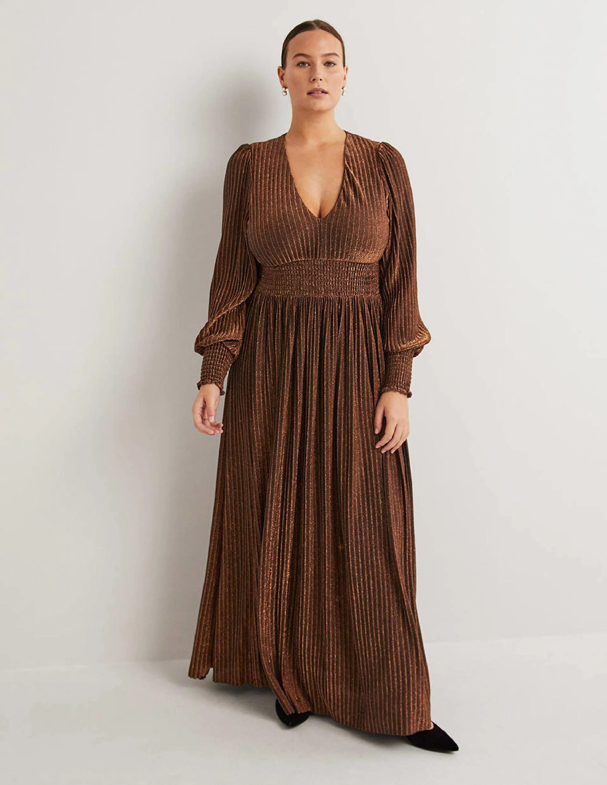 Metallic Brown Jersey Maxi Dress-Kupfer-Metallic