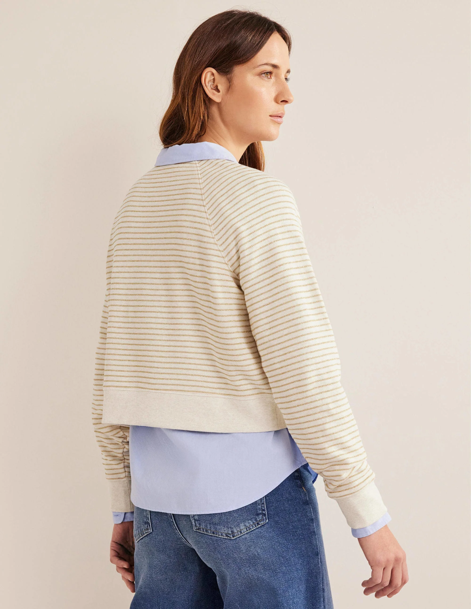 Metallic-Sweatshirt mit Streifen-Hellbeige Meliert, Goldstreifen - Image 3