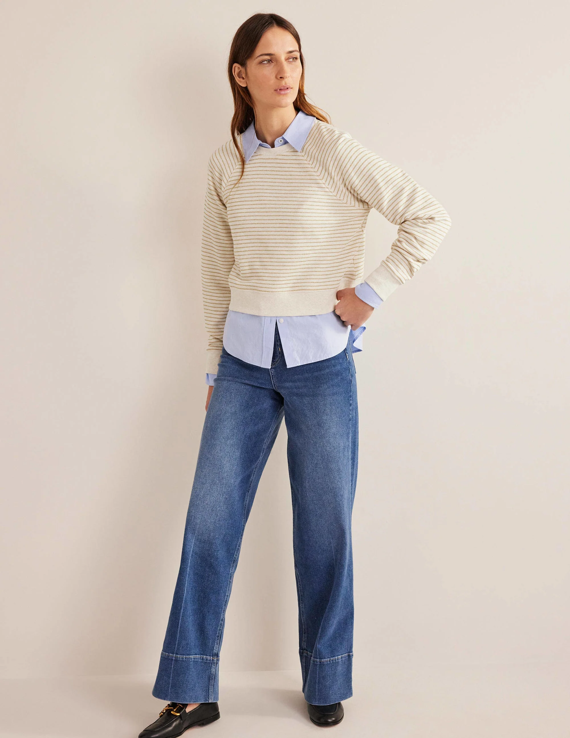 Metallic-Sweatshirt mit Streifen-Hellbeige Meliert, Goldstreifen - Image 4