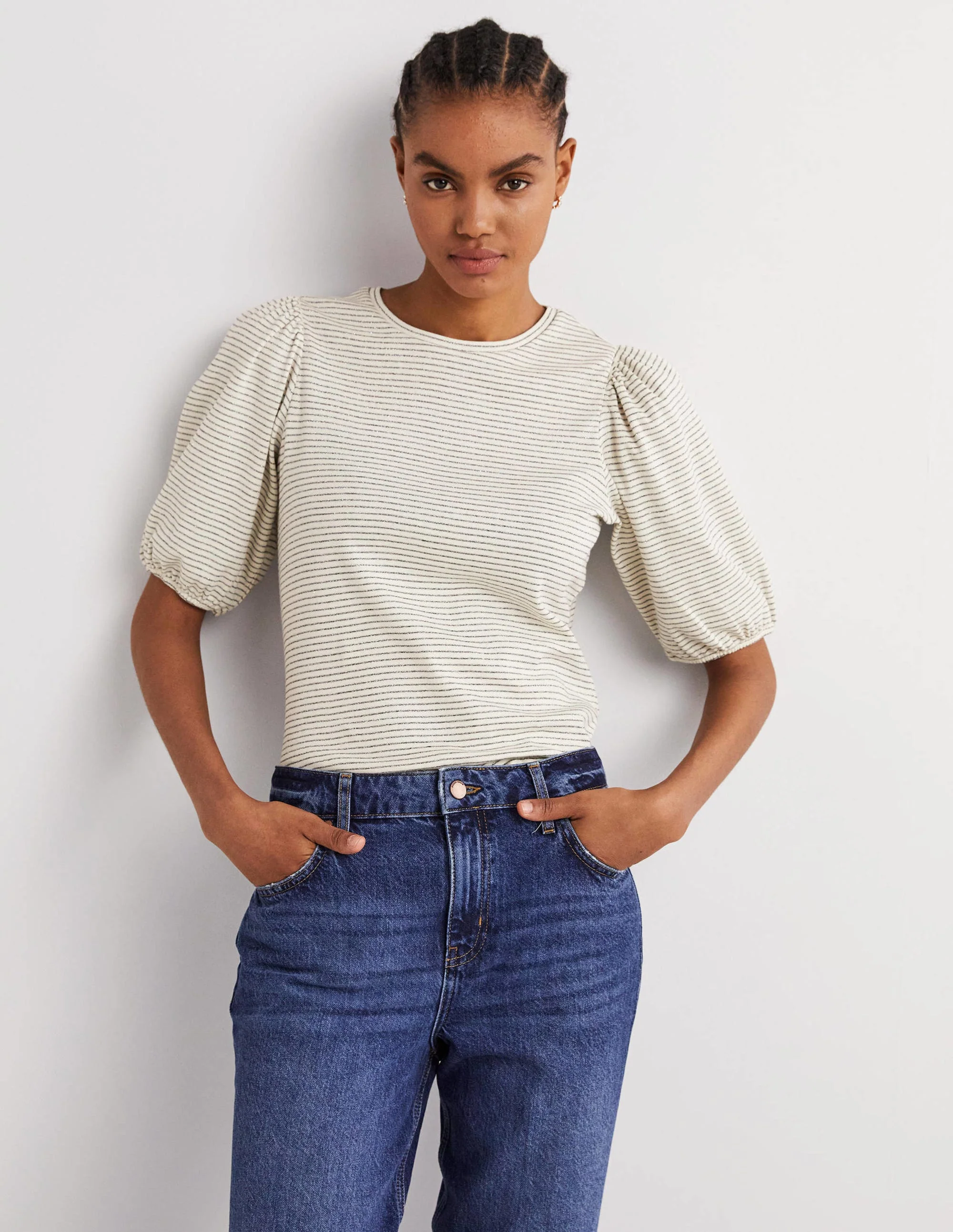 Metallic-T-Shirt mit Streifen-Naturweiß/Metallgrau-Metallic