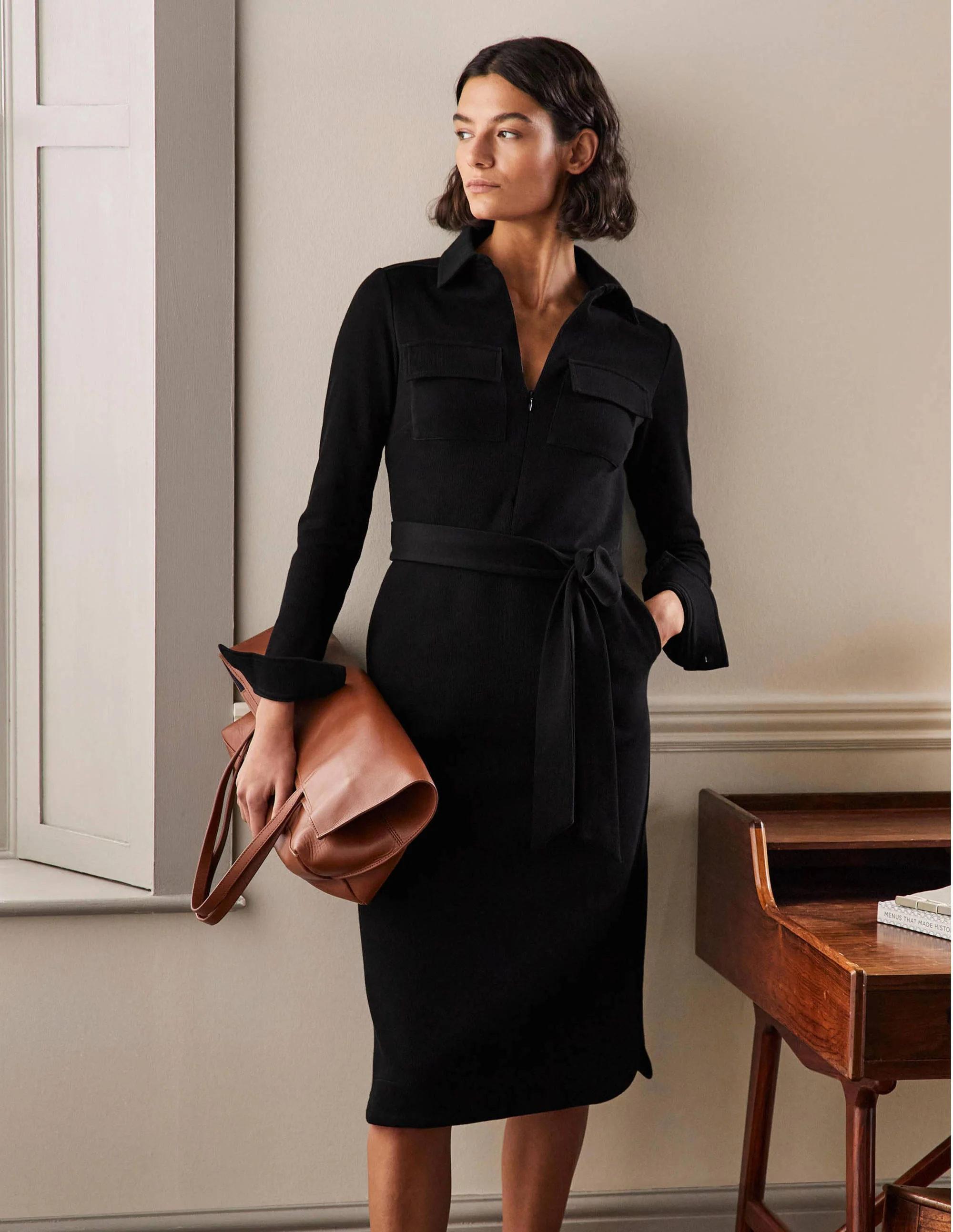 Midi-Hemdblusenkleid aus Ponte-Roma-Jersey-Schwarz