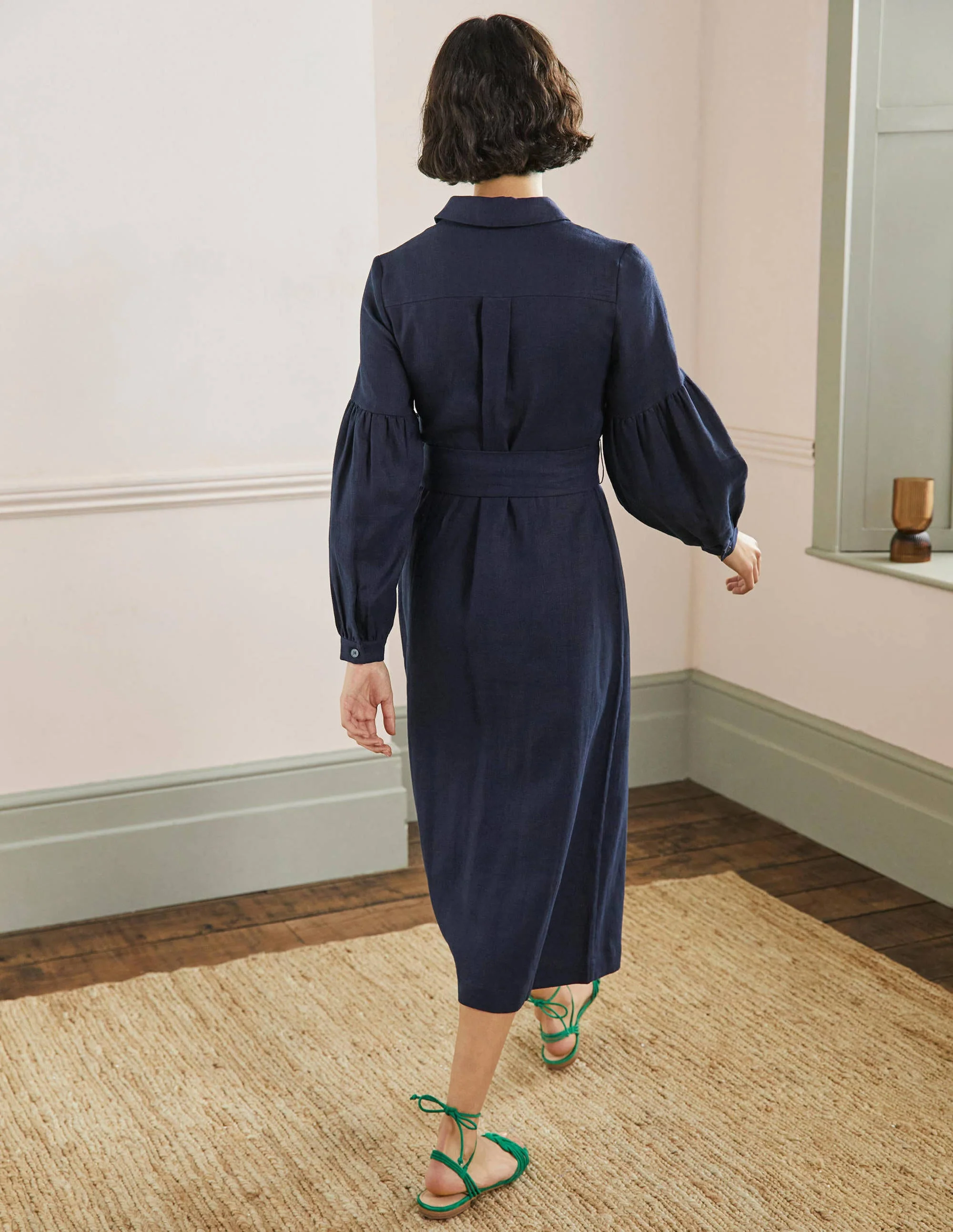 Midi-Hemdblusenkleid mit Detail am Ärmel-Marineblau - Image 3