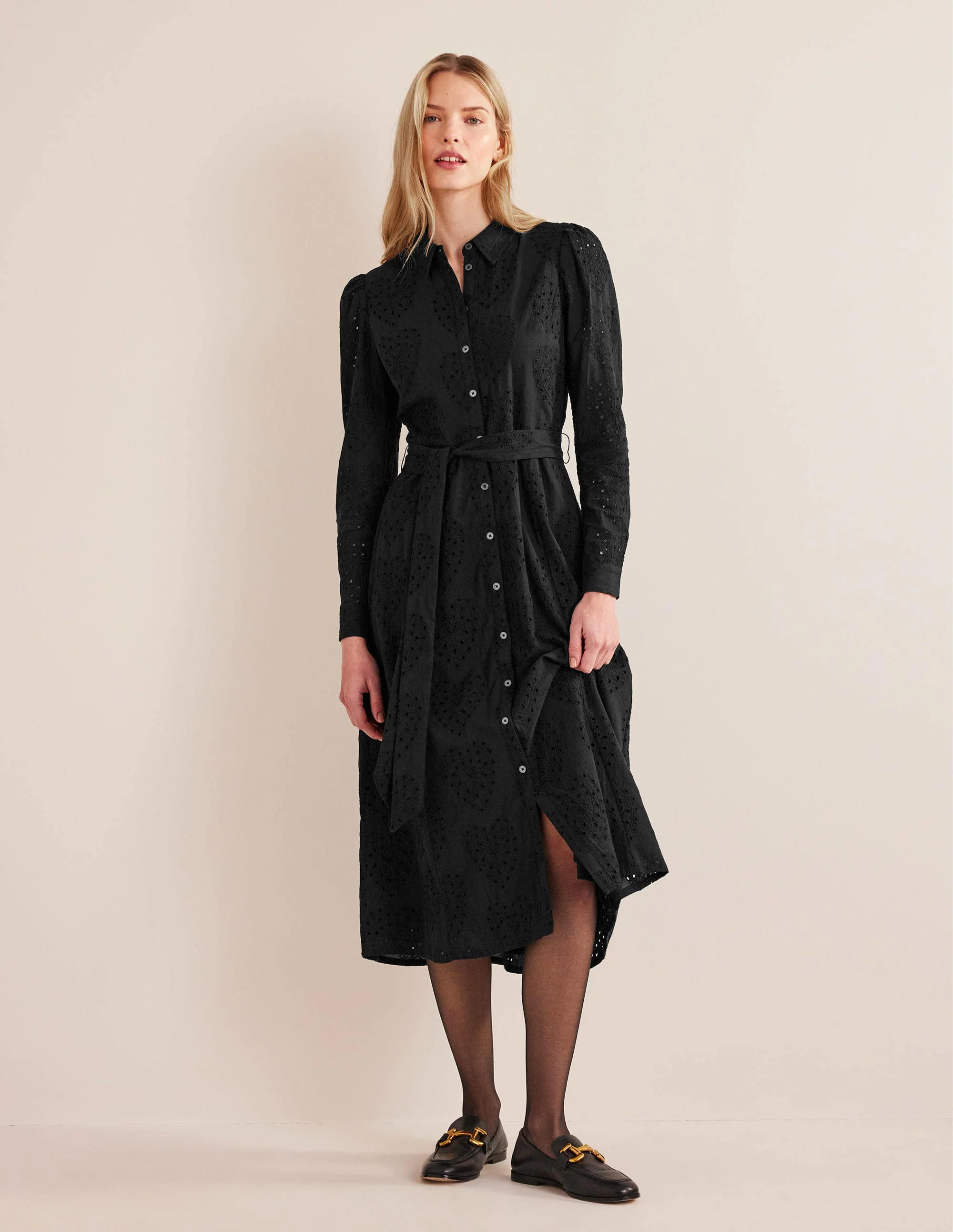 Midi-Hemdblusenkleid mit Lochstickerei-Schwarz