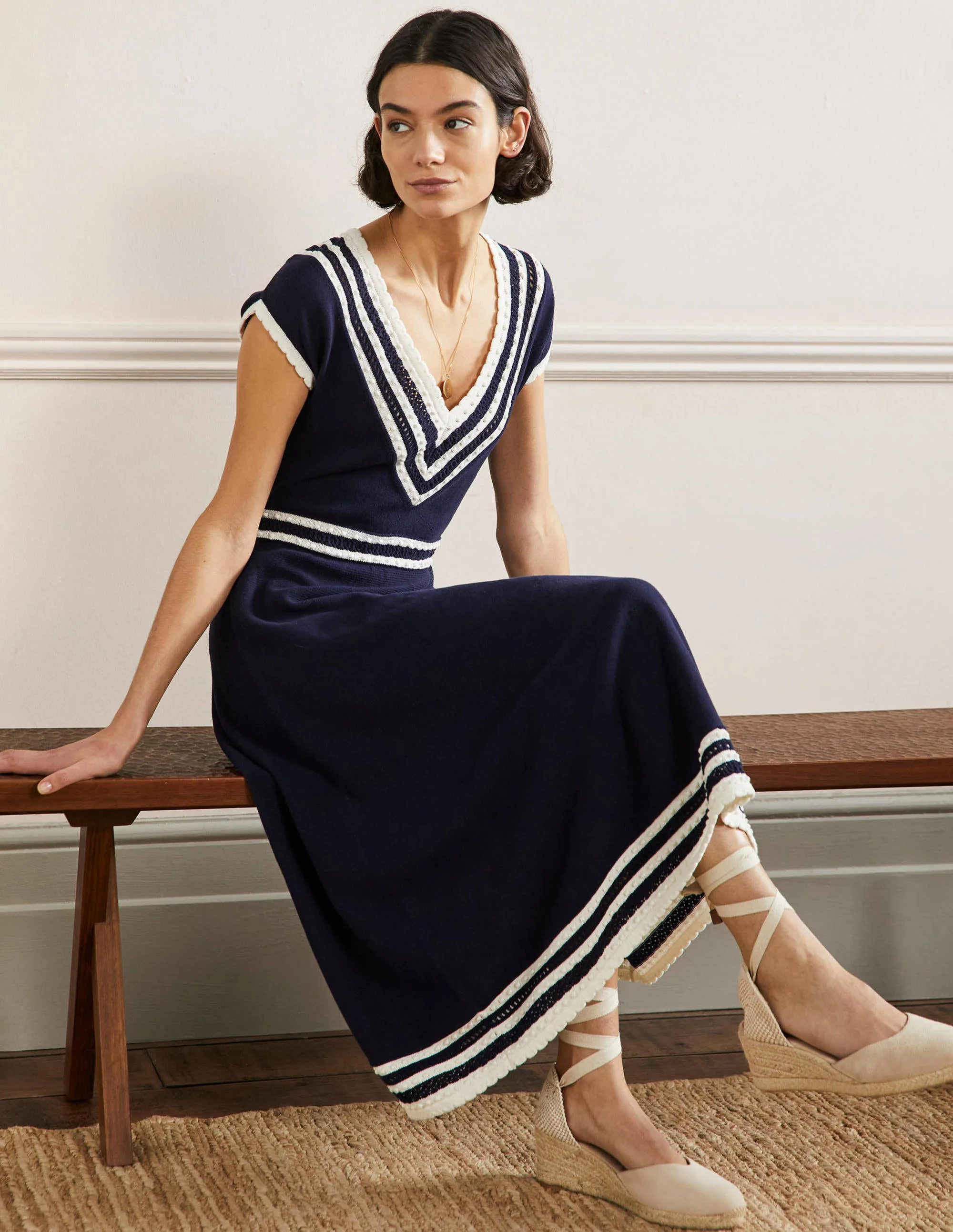 Midi-Strickkleid mit Zierborte-Marineblau - Image 4
