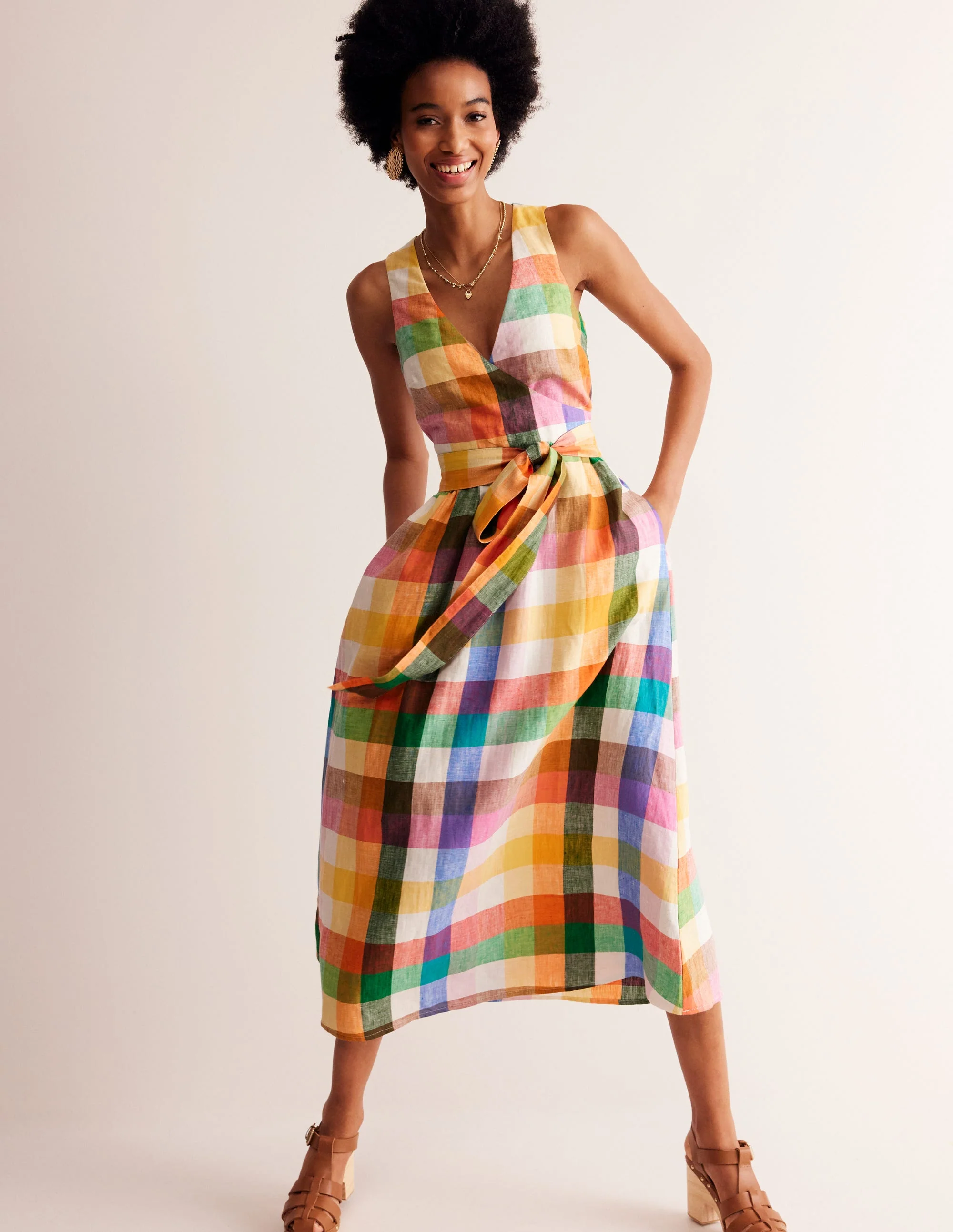 Midi-Wickelkleid aus Leinen-Leuchtende Neonfarben Bunt Vichykaro