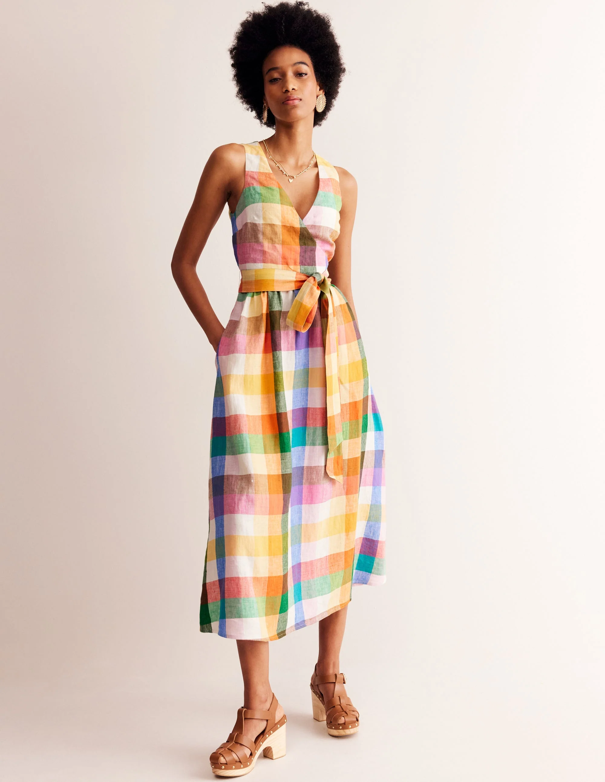 Midi-Wickelkleid aus Leinen-Leuchtende Neonfarben Bunt Vichykaro - Image 4