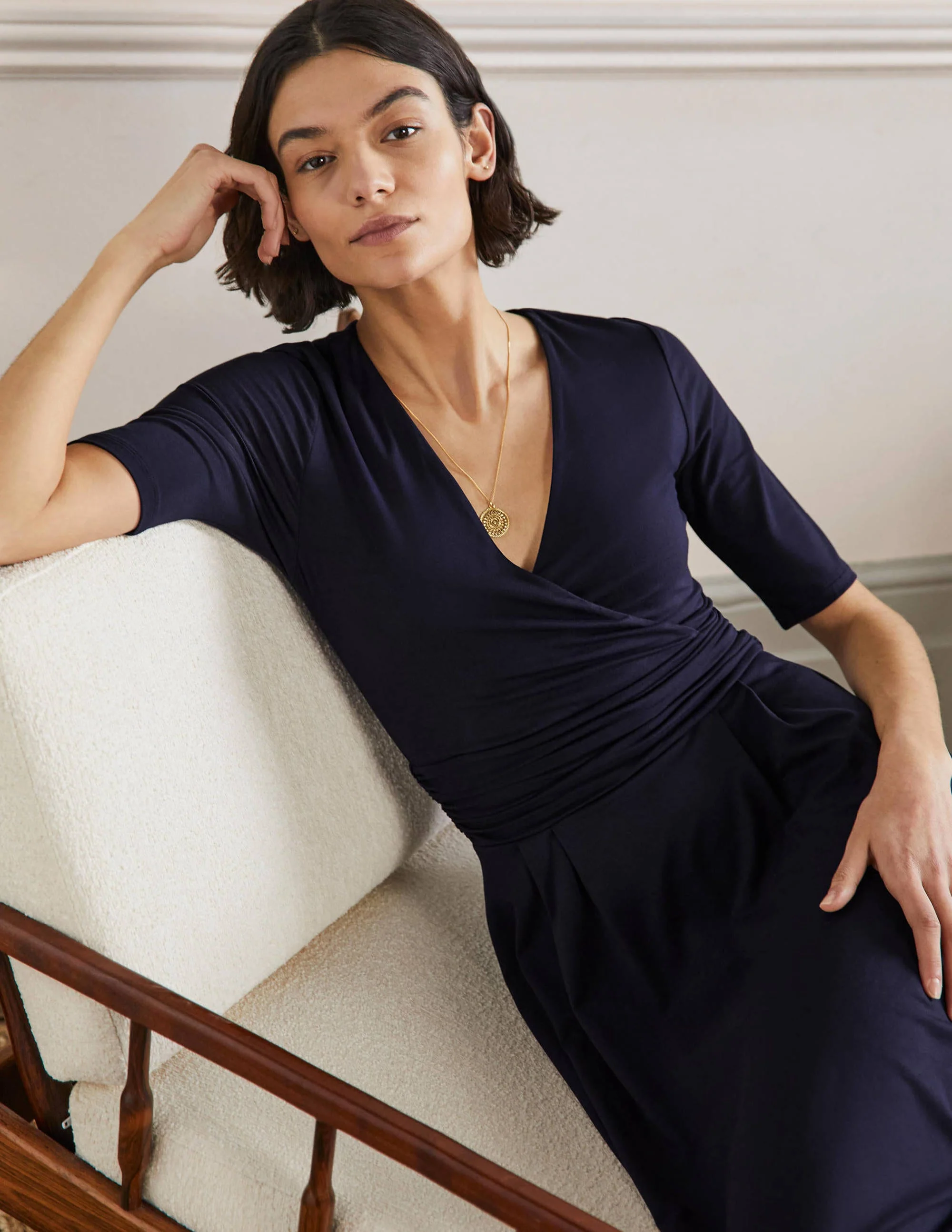 Midikleid aus Jersey mit geraffter Taille-Marineblau - Image 4