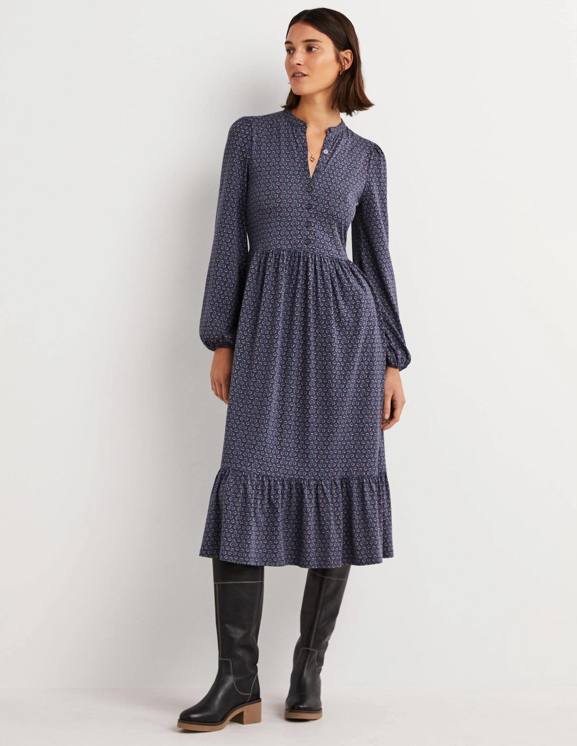 Midikleid aus Jersey mit Knopfleiste-Navy, Diamantknospen