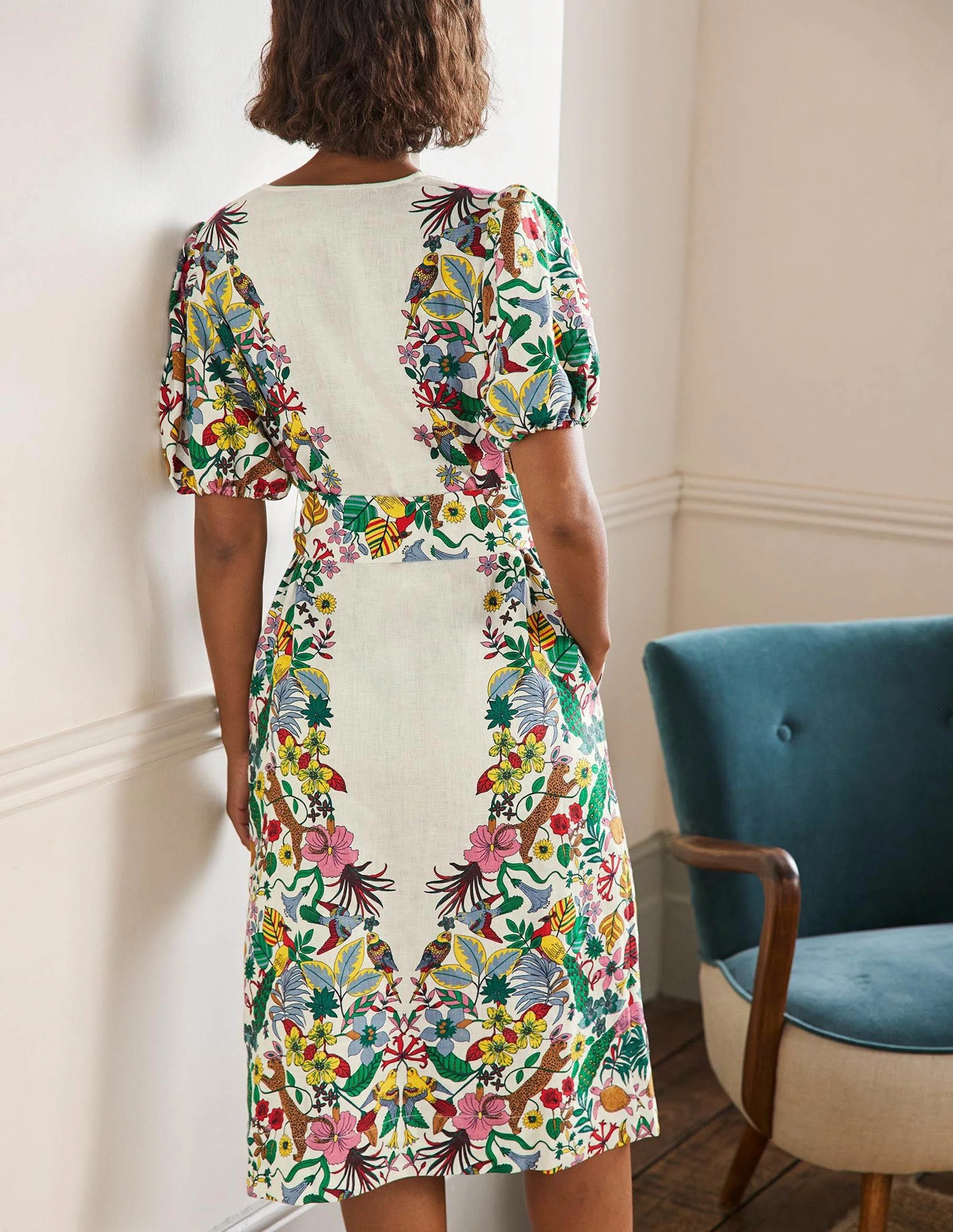Midikleid aus Leinen mit Puffärmeln-Naturweiß, Exotisches Paradies - Image 3