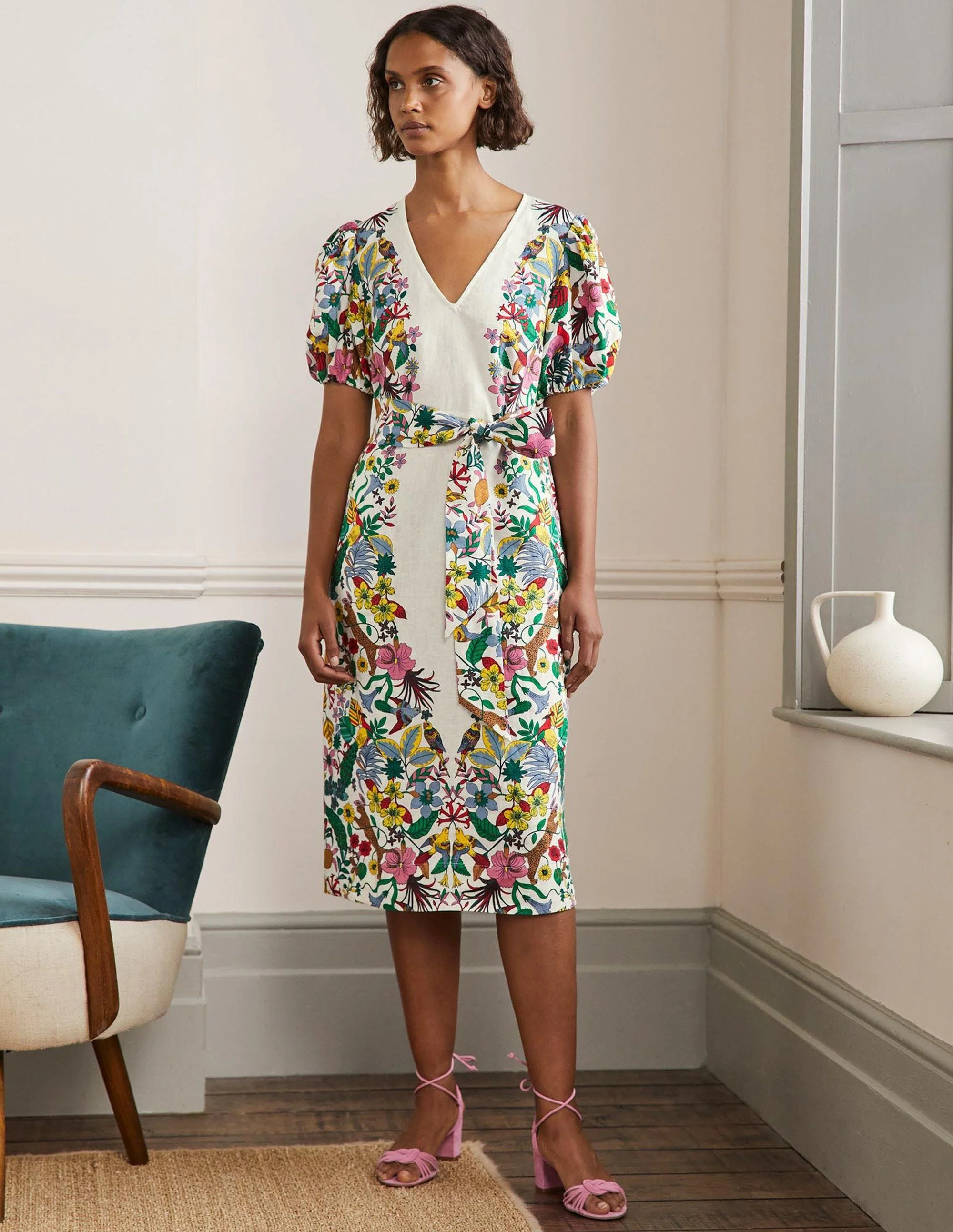 Midikleid aus Leinen mit Puffärmeln-Naturweiß, Exotisches Paradies - Image 4
