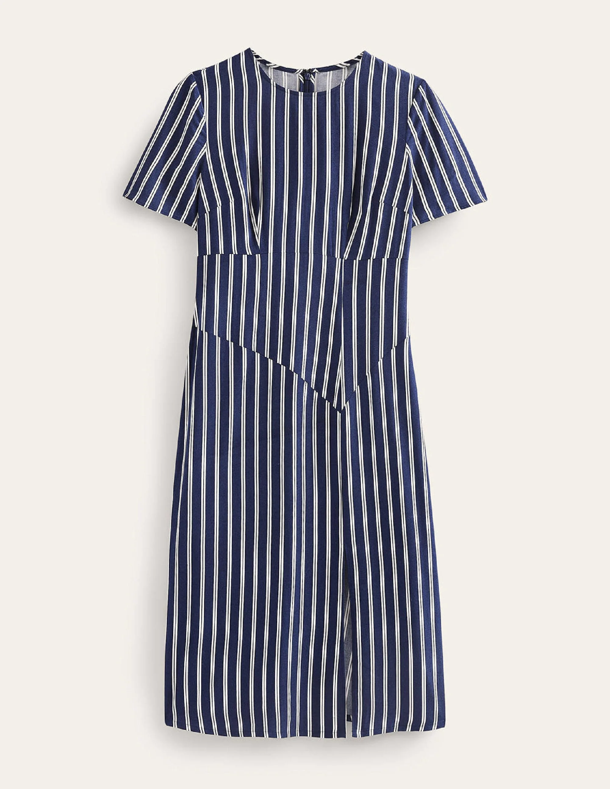 Midikleid mit asymmetrischen Nähten-Marineblau und Naturweiß Senkrecht Gestreift - Image 9