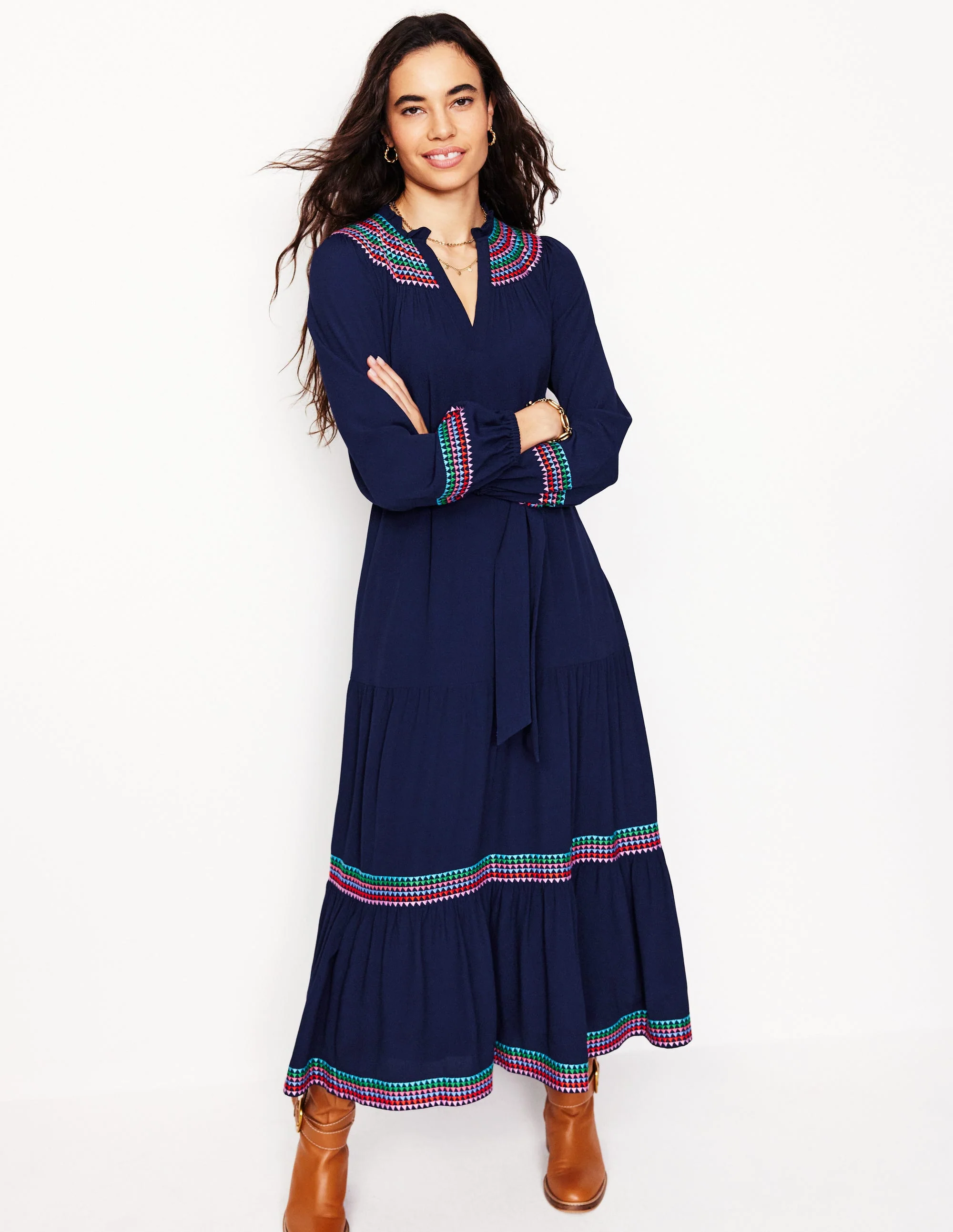 Midikleid mit bestickter Passe-Marineblau - Image 4